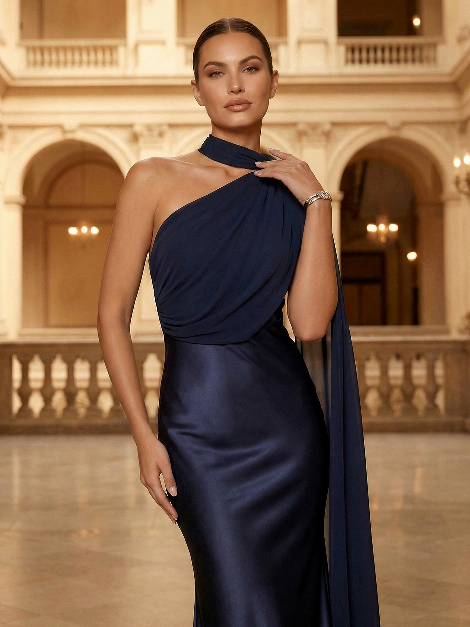 Navy Evening Formal Dress Mermaid Strapless Satin Midi Dress with Scarf