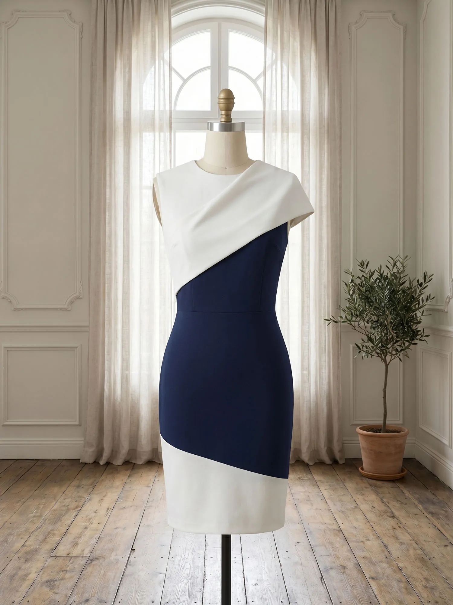 Asymmetric Color-Block Knee Length Sheath Evening Dress