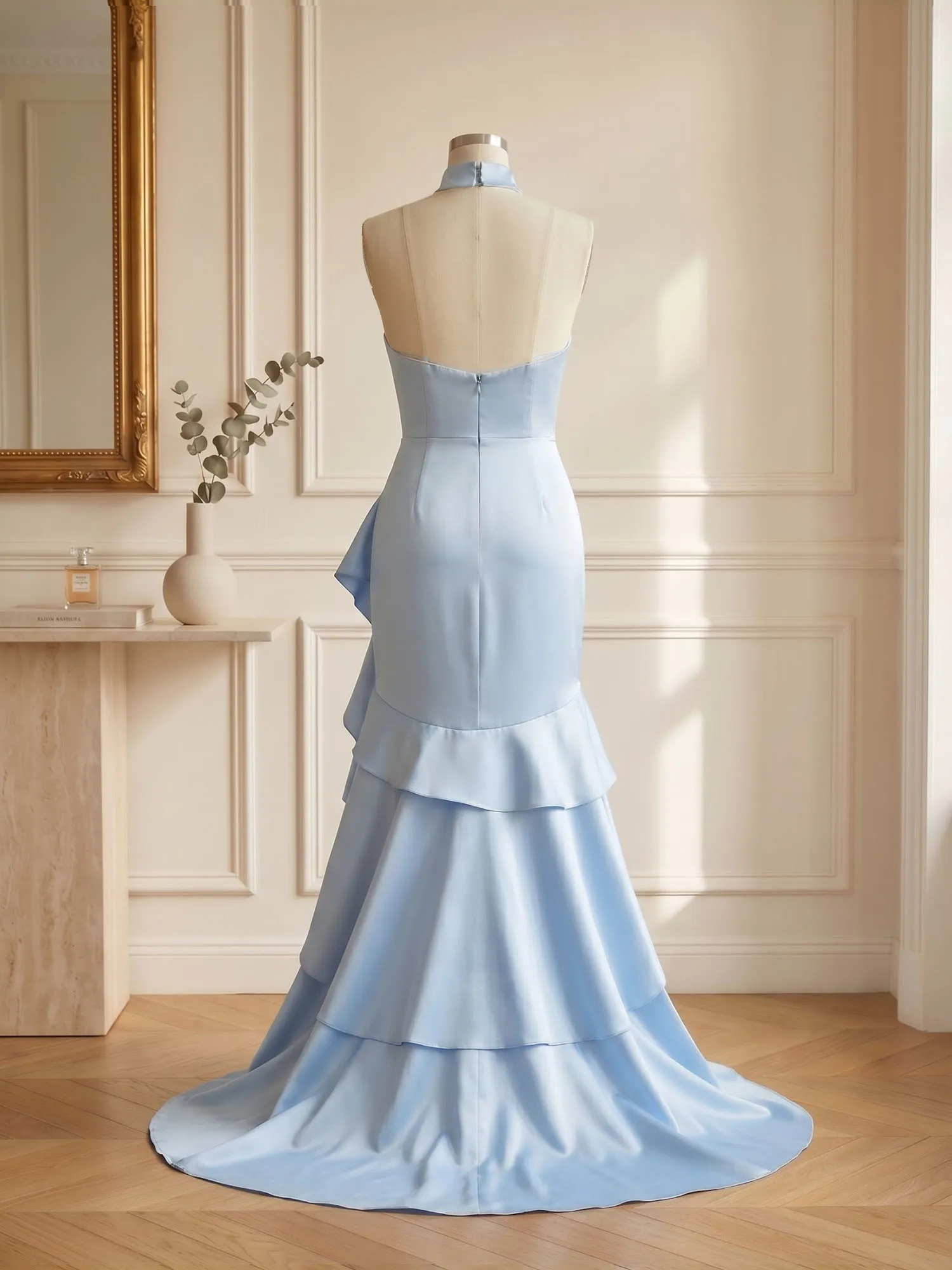 High Neck Keyhole Asymmetric Tiered Satin Evening Gown