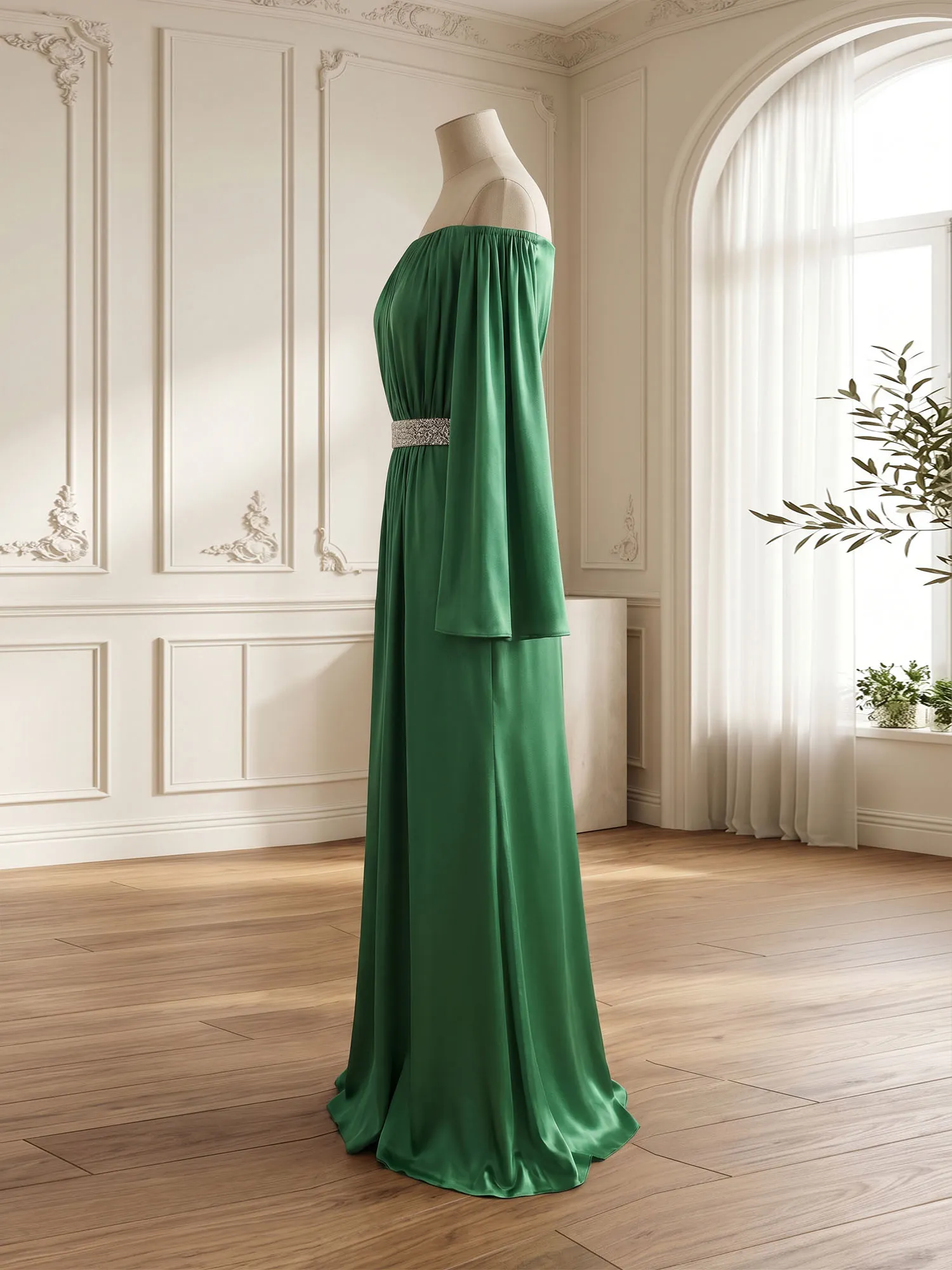 Off-the-Shoulder Pleated Satin Evening Gown with Beaded Waistband