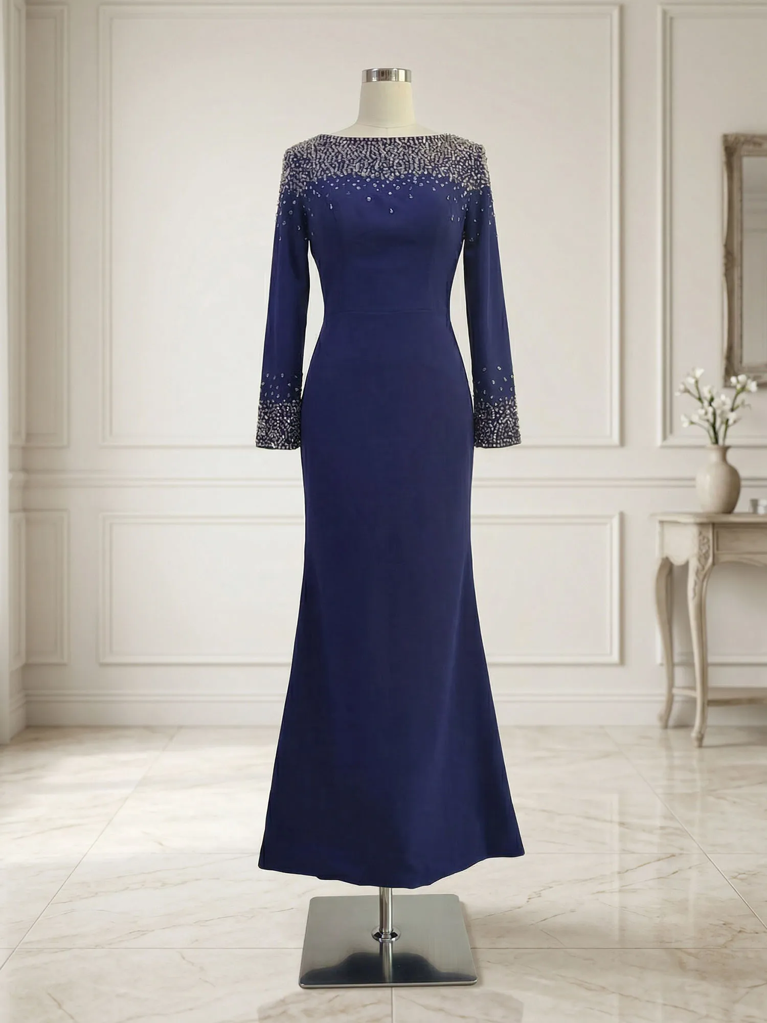 Beaded Off-the-Shoulder Long Sleeve Mermaid Evening Gown
