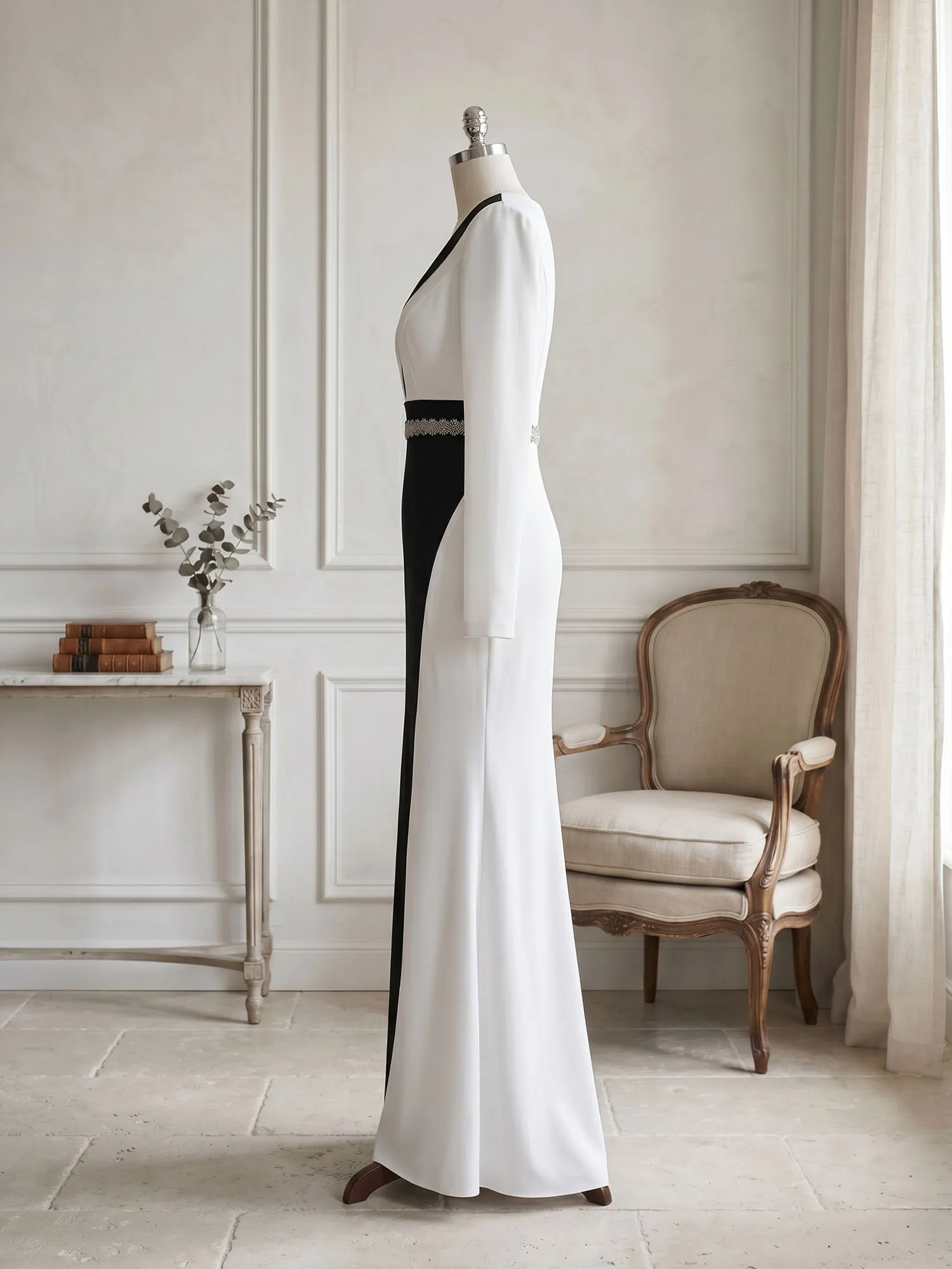 Two-Tone Long Sleeve Mermaid Evening Gown with Beaded Waistband