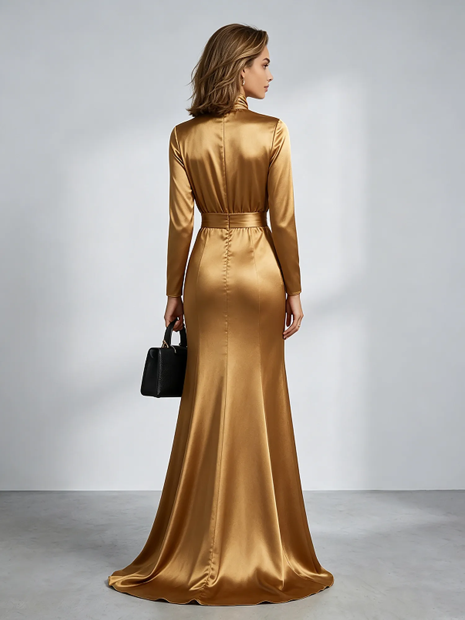 High Neck Long Sleeve Satin Mermaid Evening Gown with Waist Sash