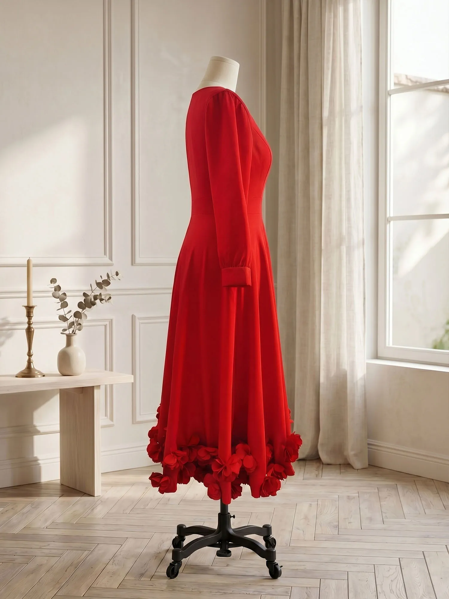 V-Neck Long Sleeve A-Line Midi Evening Dress with 3D Floral Hem