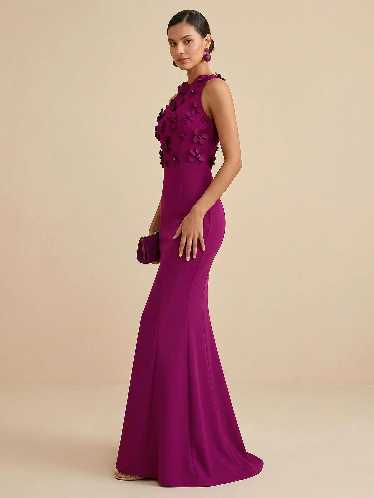 Scoop Neck 3D Floral Appliqué Crepe Mermaid Evening Gown