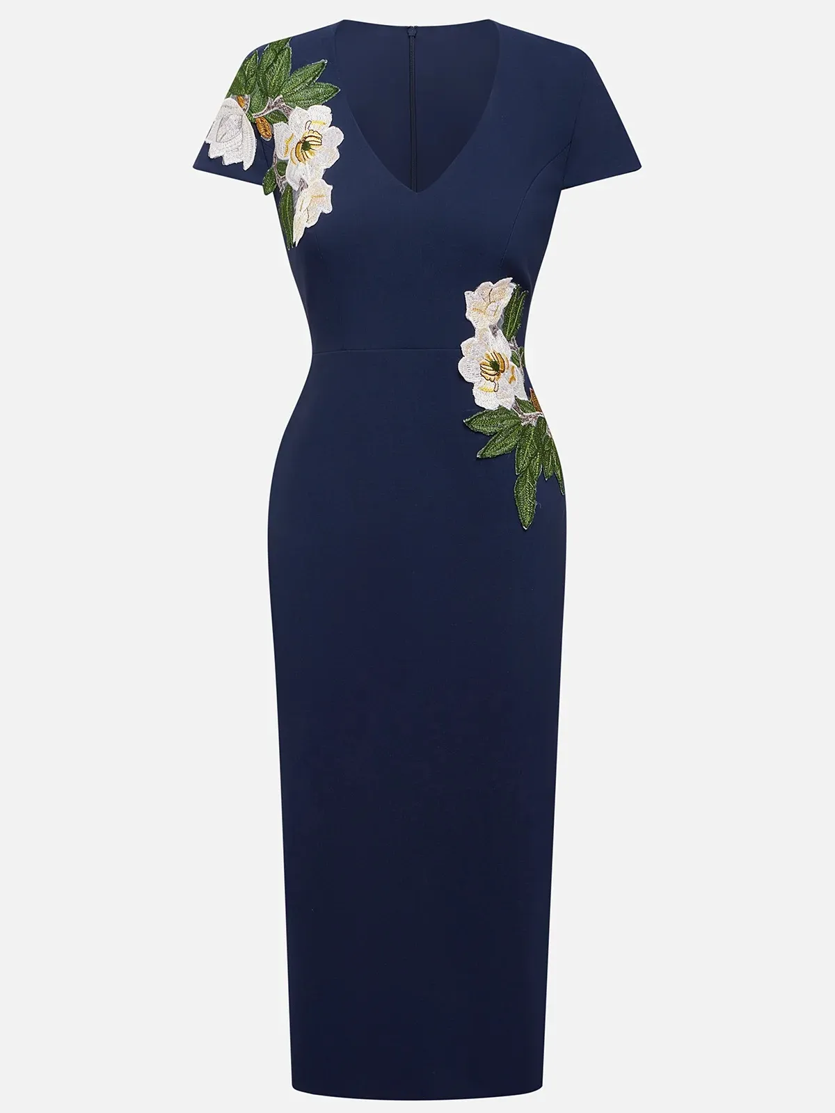 V-Neck Cap Sleeve Floral Embroidered Sheath Evening Dress