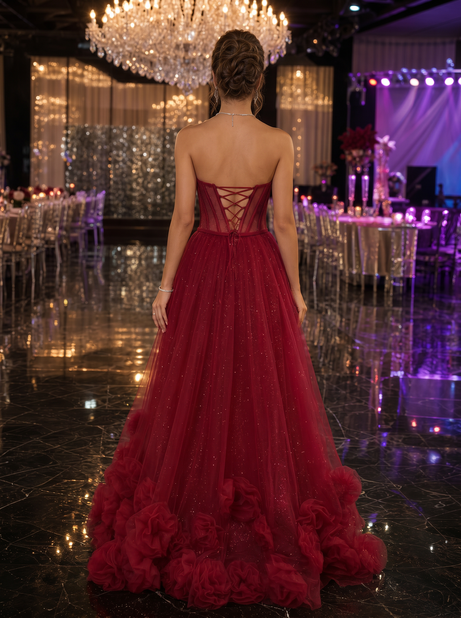 Romantic Formal Dress Red 3D Floral Corset Tulle Evening Gown
