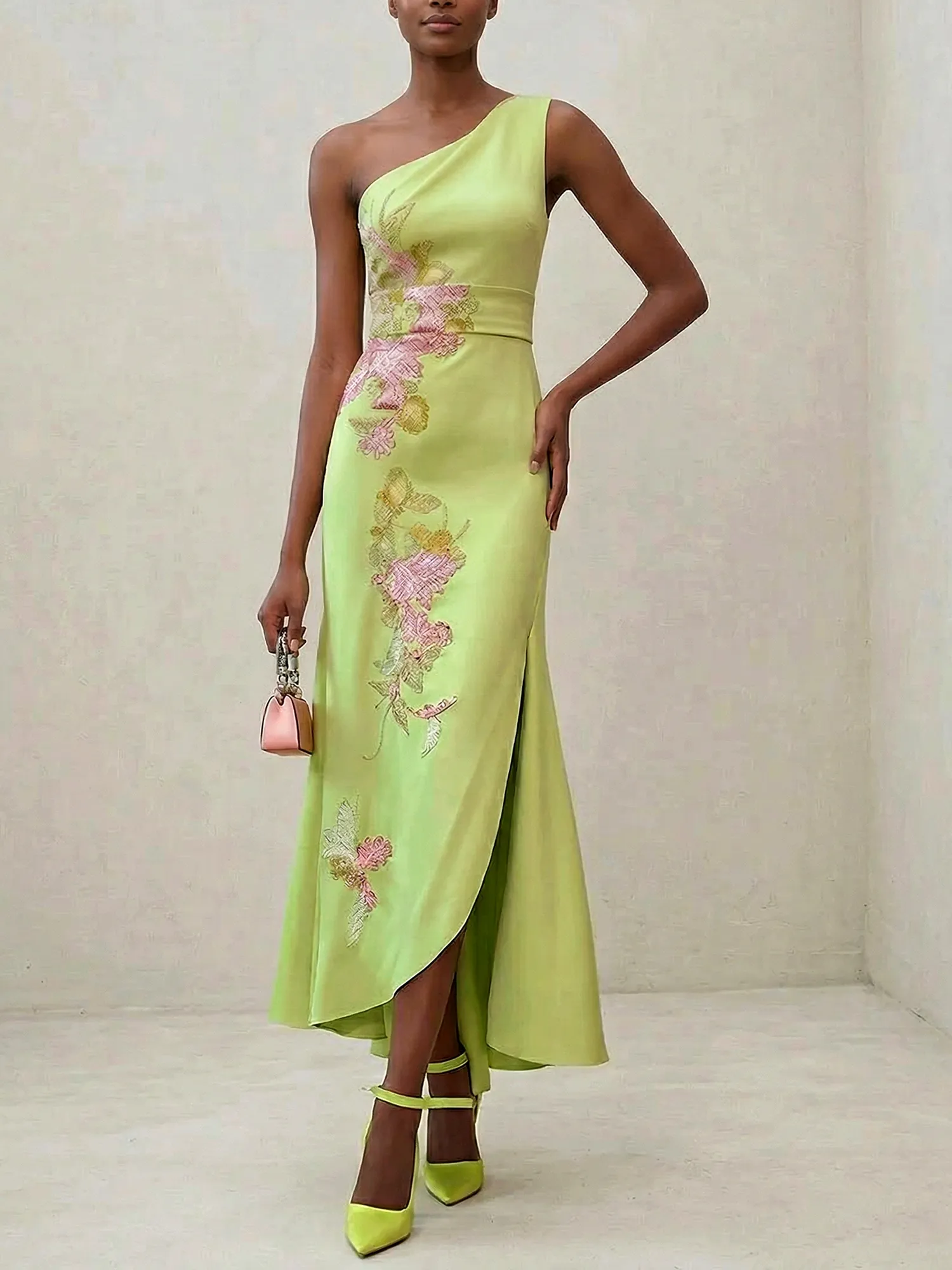 Elegant One Shoulder Cap Sleeve Satin Midi Gown with Floral Embroidery & High Slit
