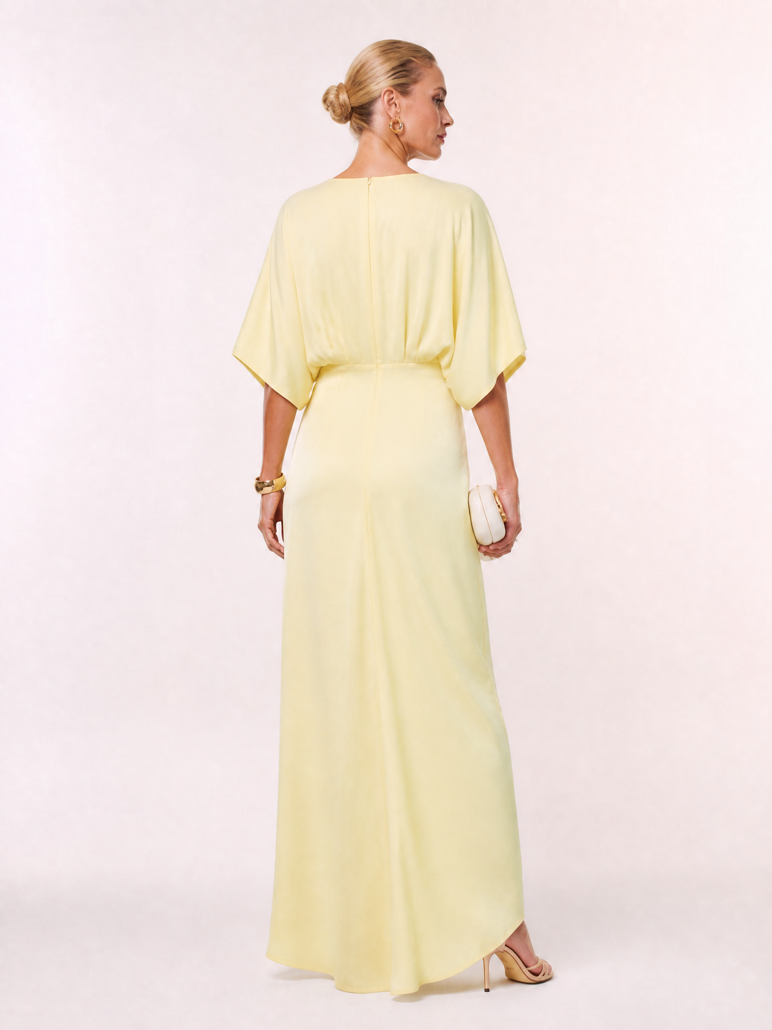 Soft Yellow Draped Knot-Front Round Neckline Sheath Maxi Gown Dress With Front Slit