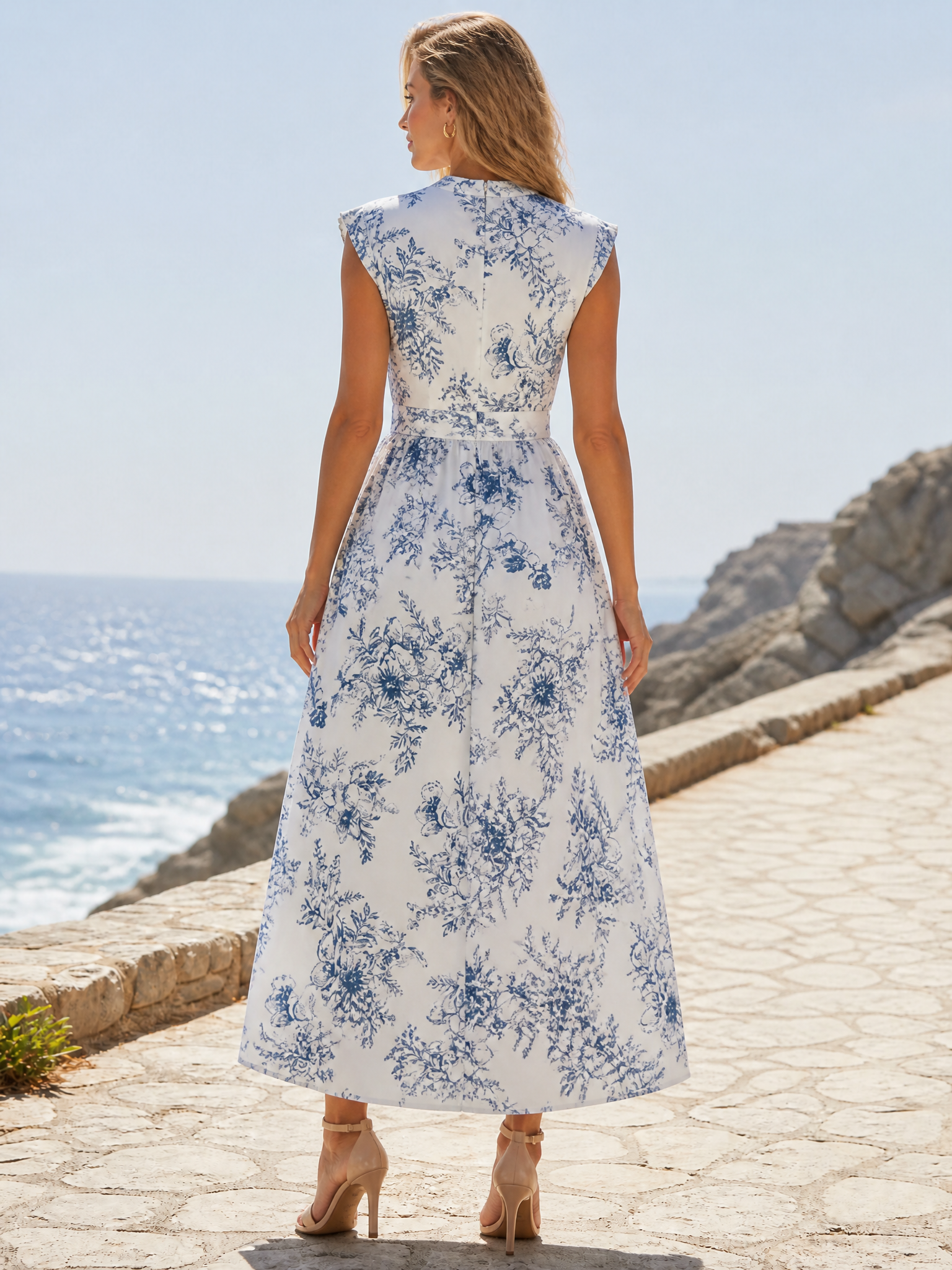 Toile De Jouy Floral V-Neck A-Line Maxi Evening Gown Dress 