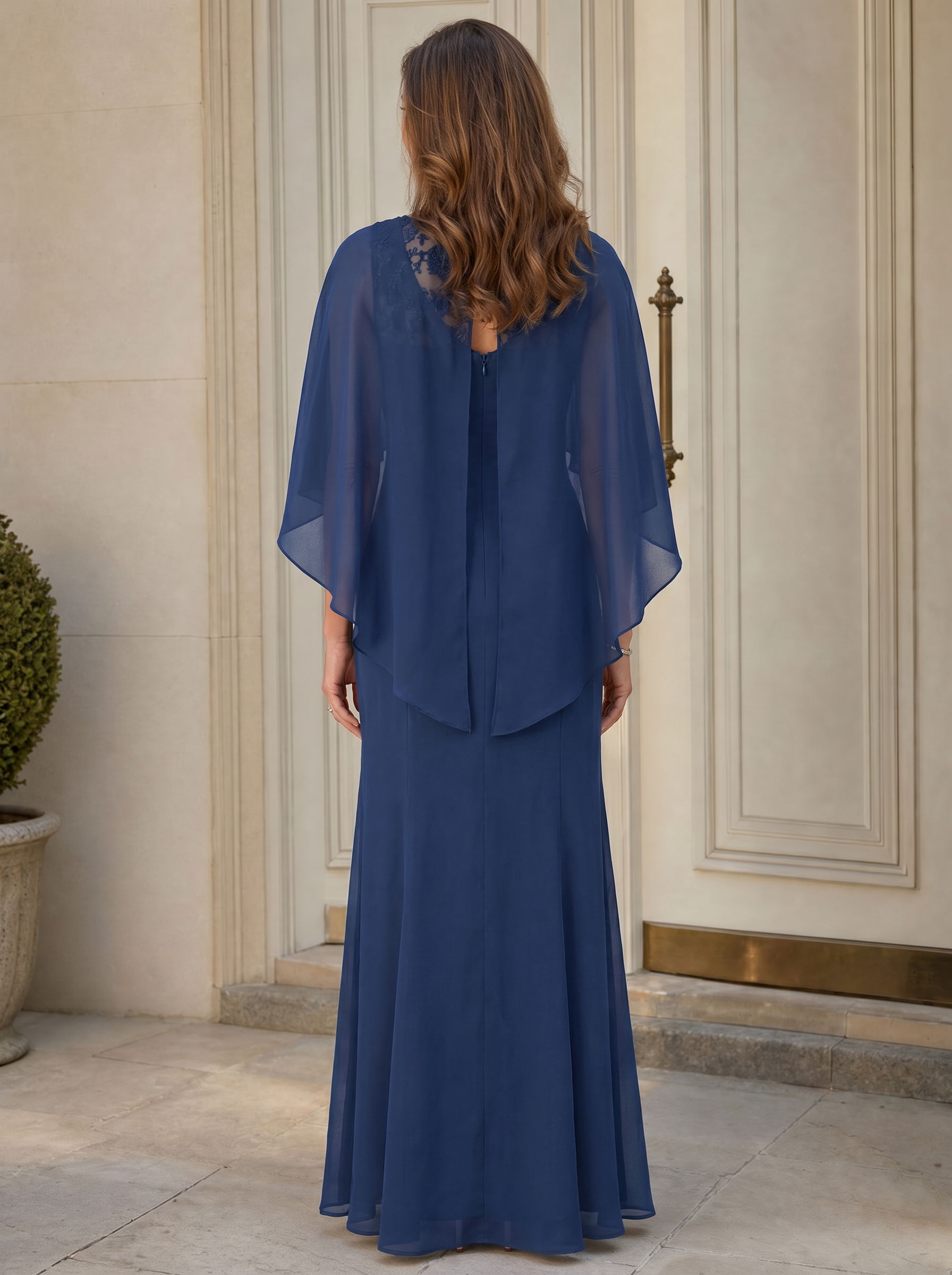 Sophisticated Navy Blue Chiffon Cape Mother of the Bride & Groom Dresses 