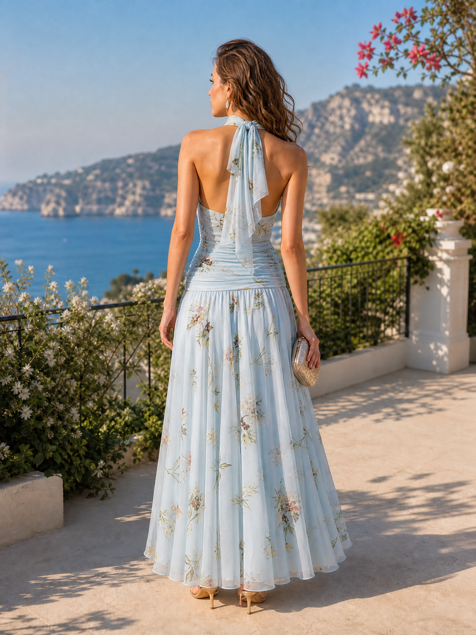 Sky Blue Floral Halter A-Line Maxi Gown Dress