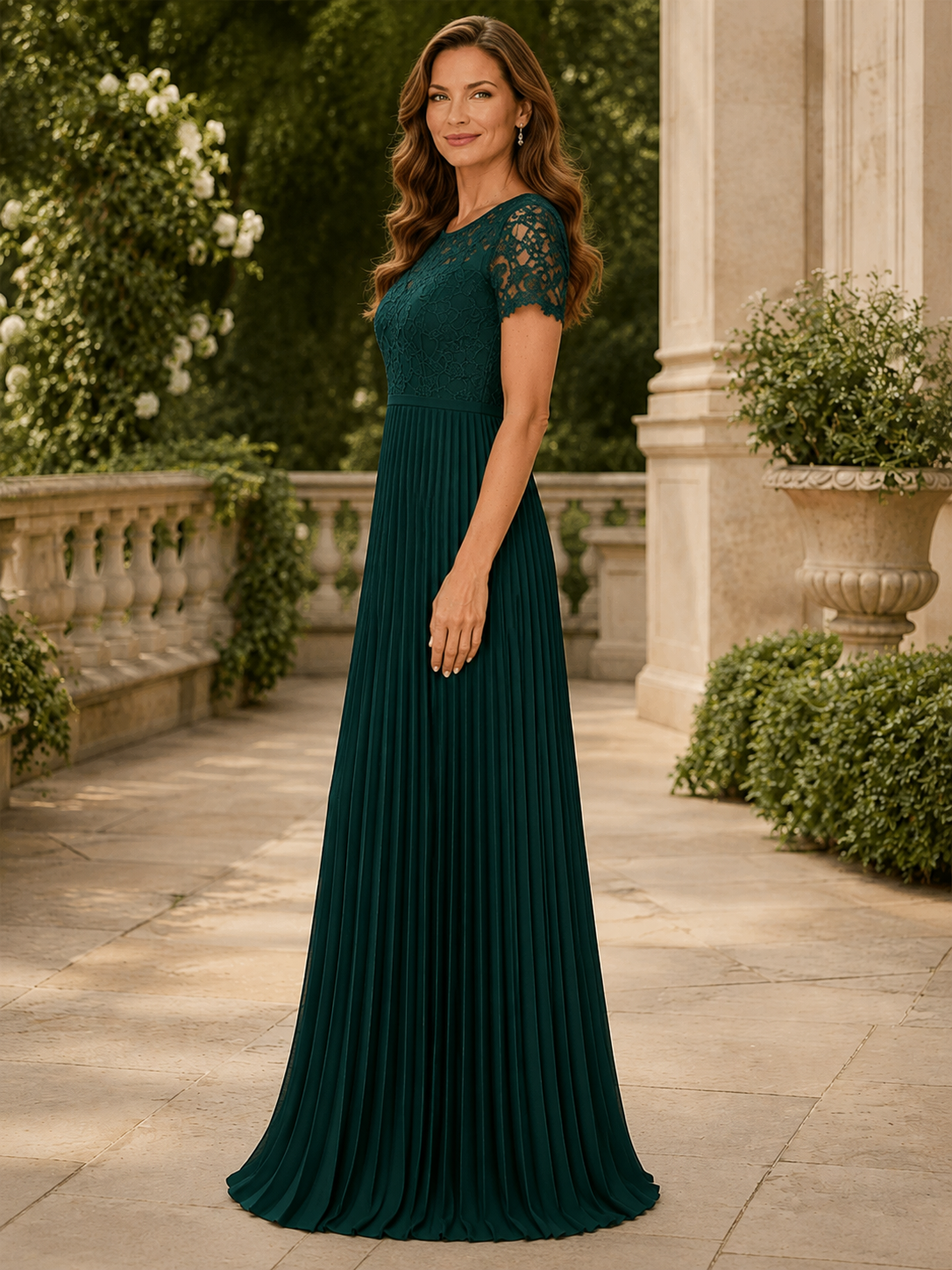 Emerald Lace Pleated Short-Sleeve Maxi Mother of the Bride Dresses