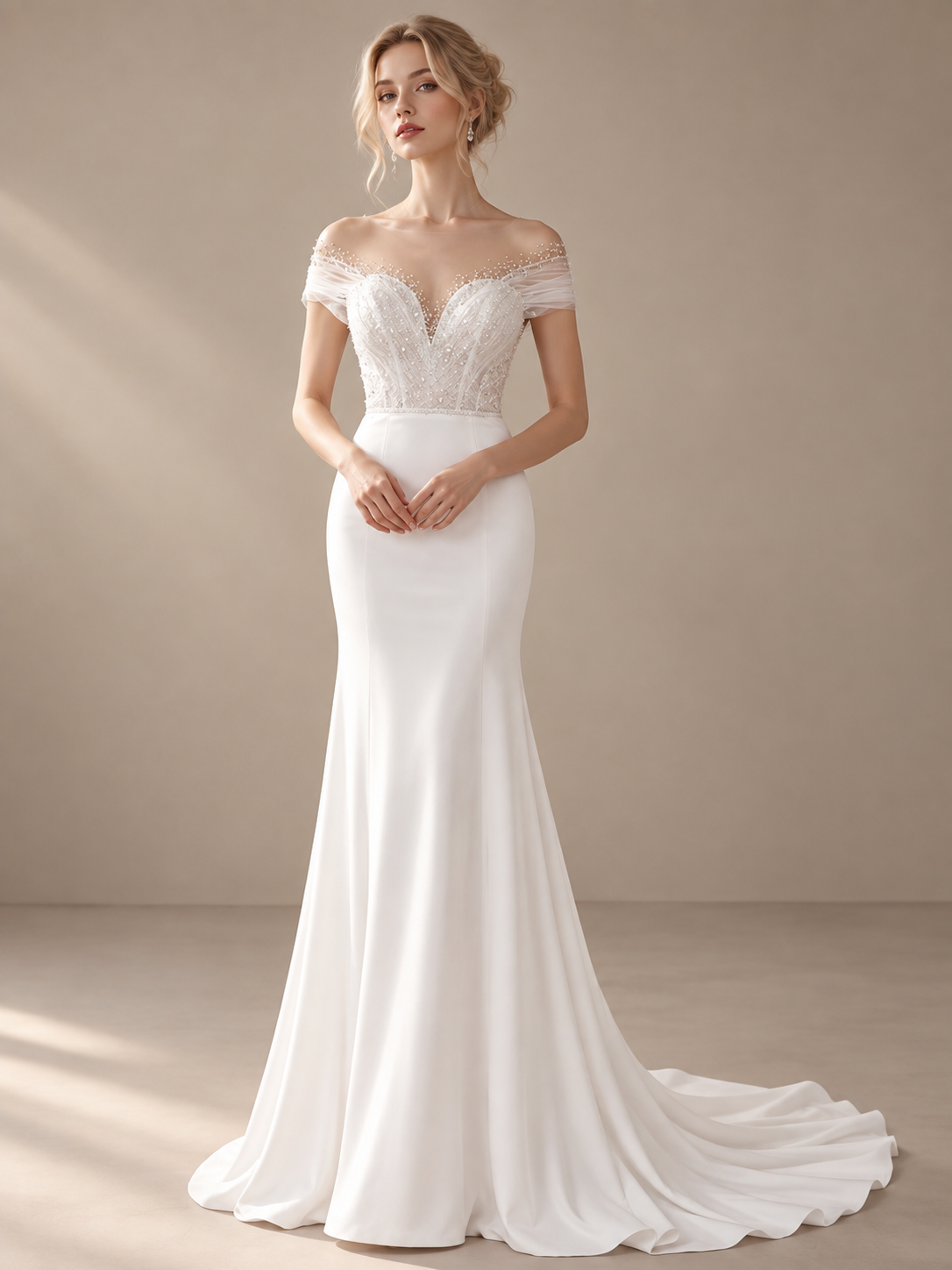 Luminous Ivory Beaded Illusion-Neckline Mermaid Wedding Dress 