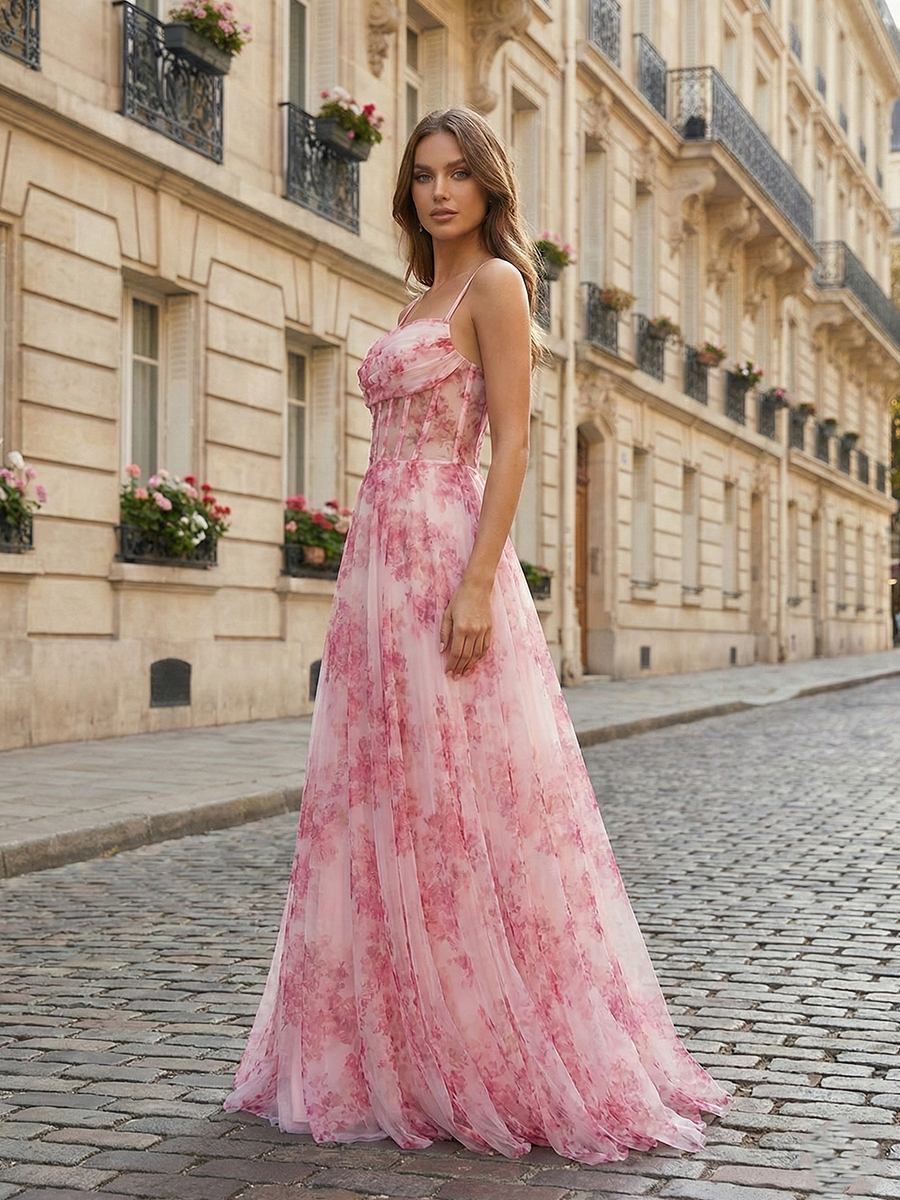 Pink Floral Spaghetti Straps Corset Tulle Long Prom Dress