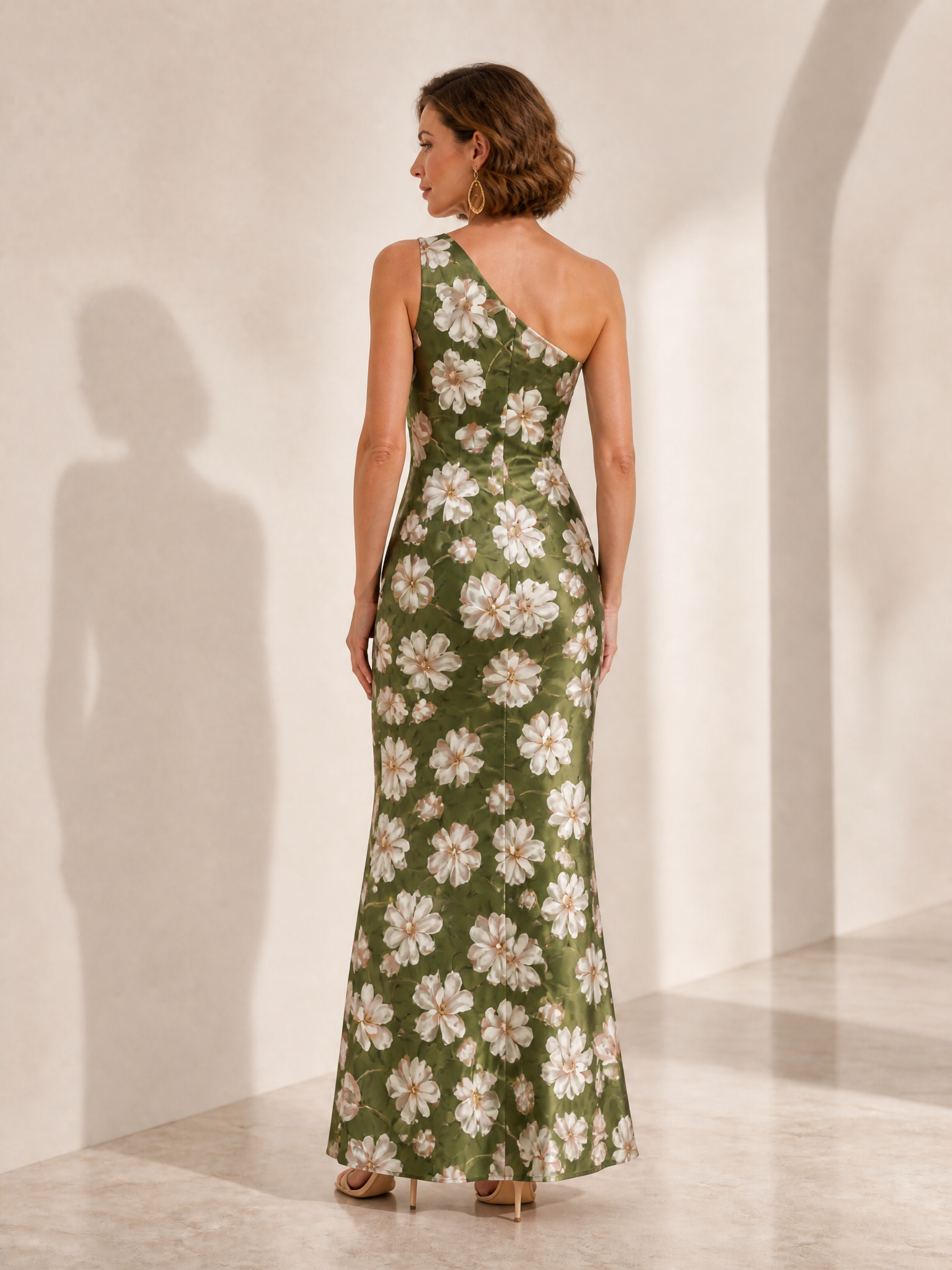 Ethereal Sage One-Shoulder Sleeveless Floral Satin Sheath Maxi Gown Dress 