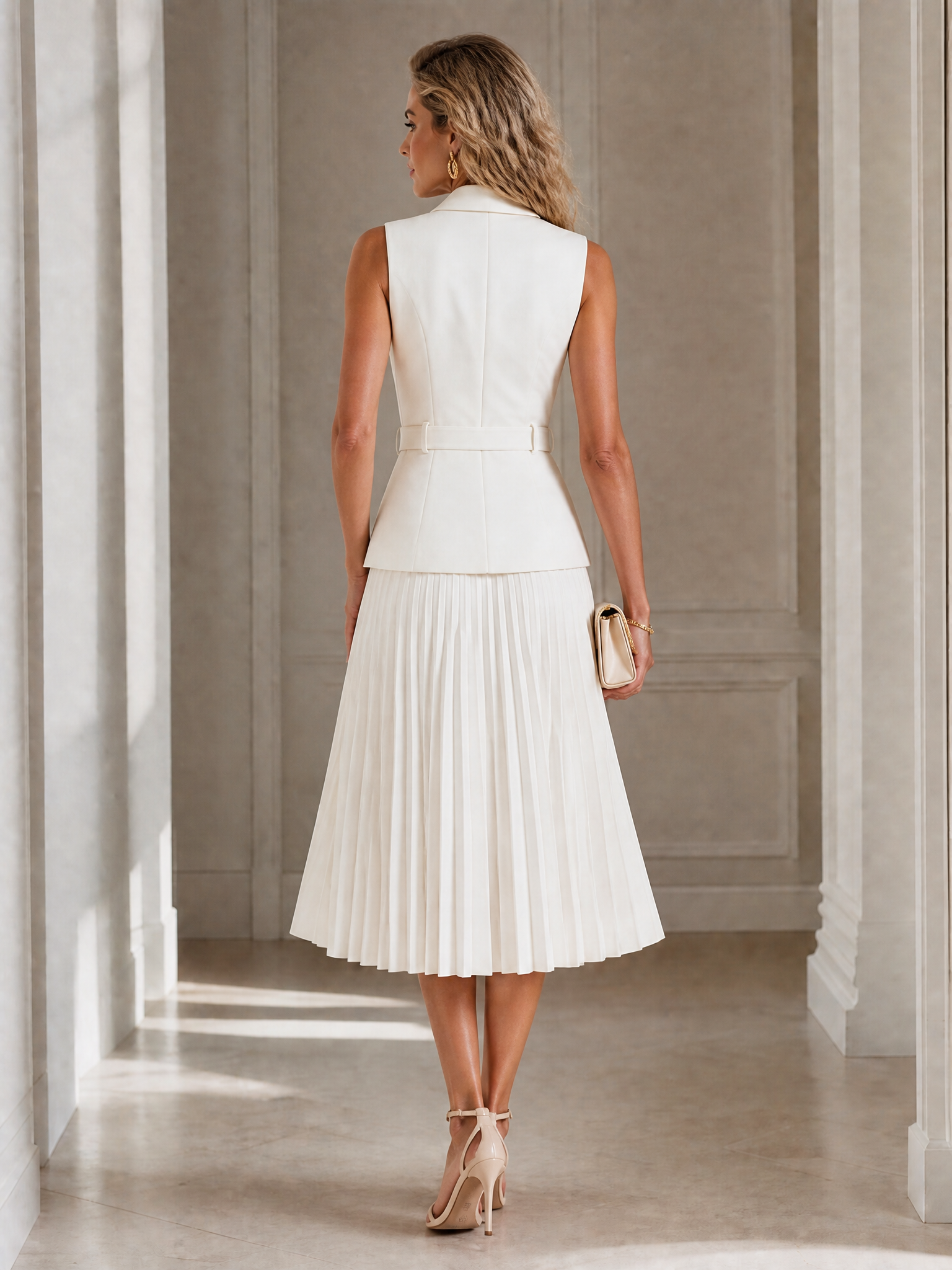 Crisp White Double-Breasted Vest-Style Pleated V-Neck Sleeveless A-Line Midi Evening Gown Dress 