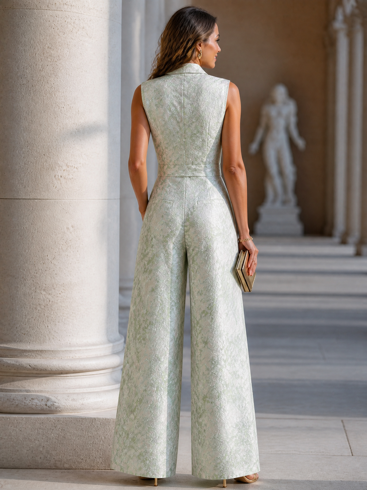 Sage Green V-Neck Sleeveless Metallic Jacquard Wide-Leg Jumpsuit Evening Gown Dress