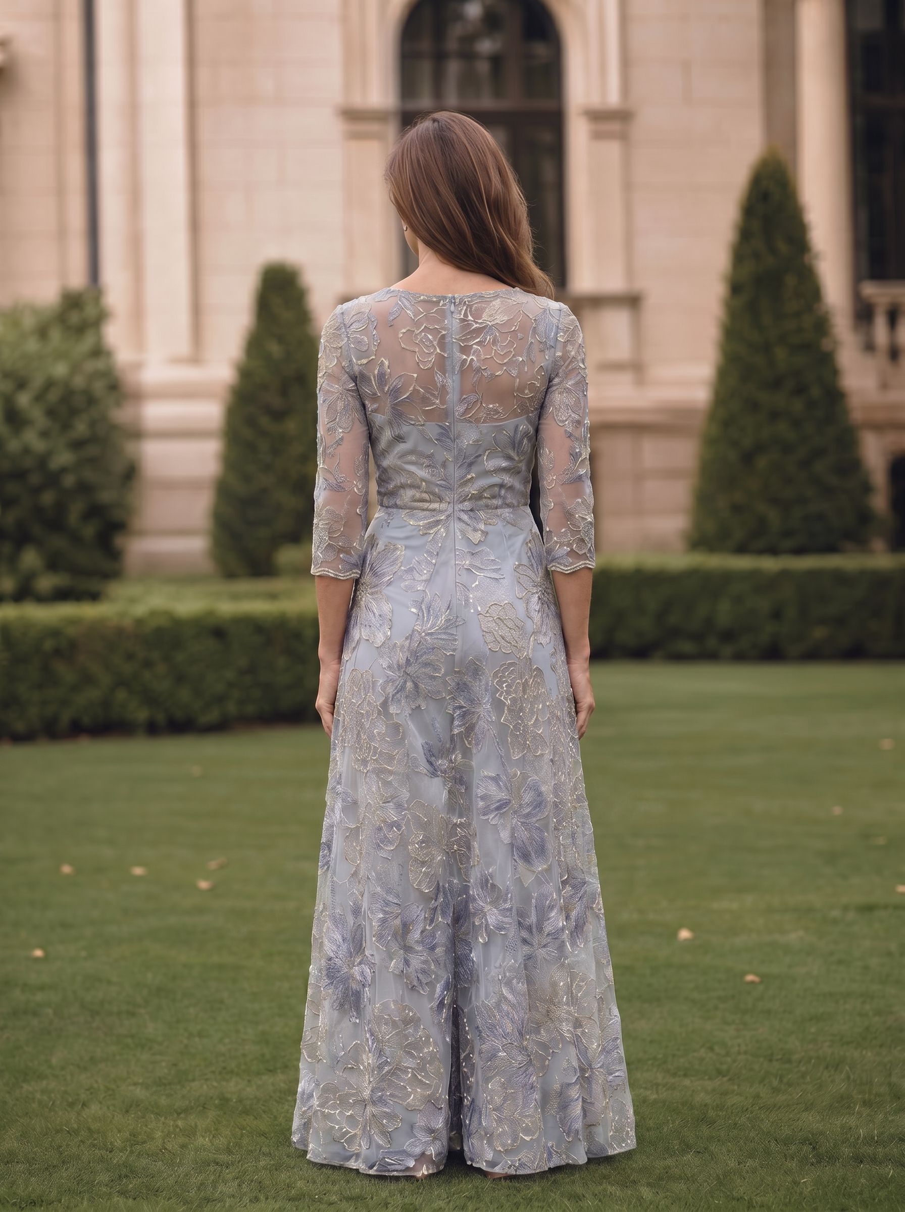 Elegant Dusty Blue Embroidered V-Neck A-Line Mother of the Bride & Groom Dresses 