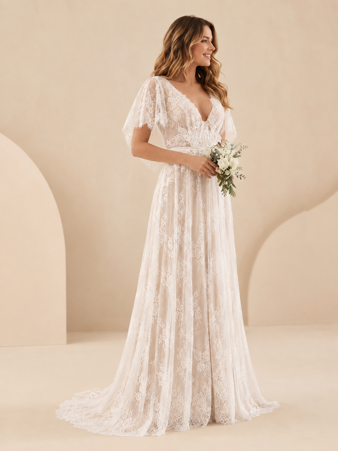White V-Neck Lace Appliqué Flutter Sleeves A-Line Wedding Dress 