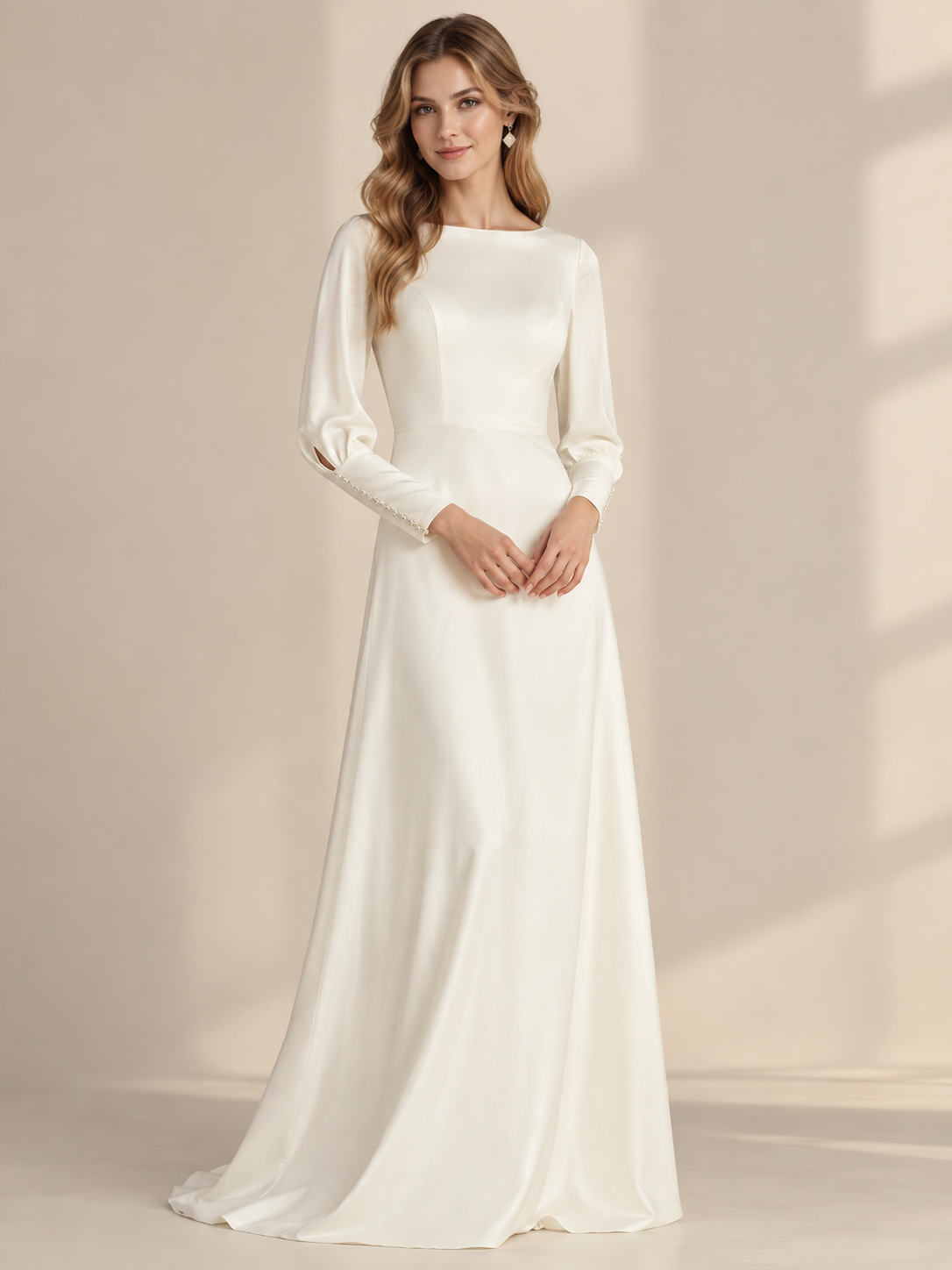 Ivory Satin Long-Sleeve Bow-Back A-Line Wedding Dress 