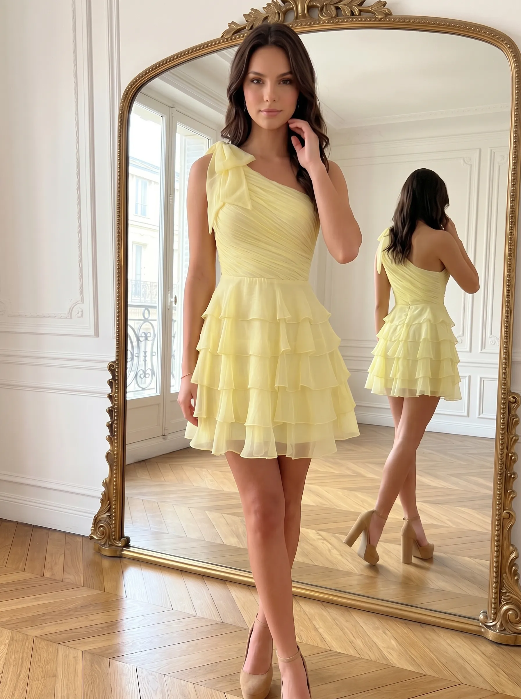 One-Shoulder Bow Chiffon Tiered Ruffle Homecoming Dress