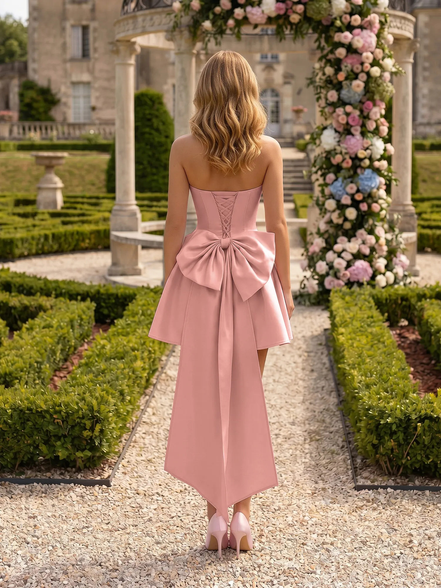 Strapless Draped Satin High-Low Homecoming Dress with Oversized Bow Back