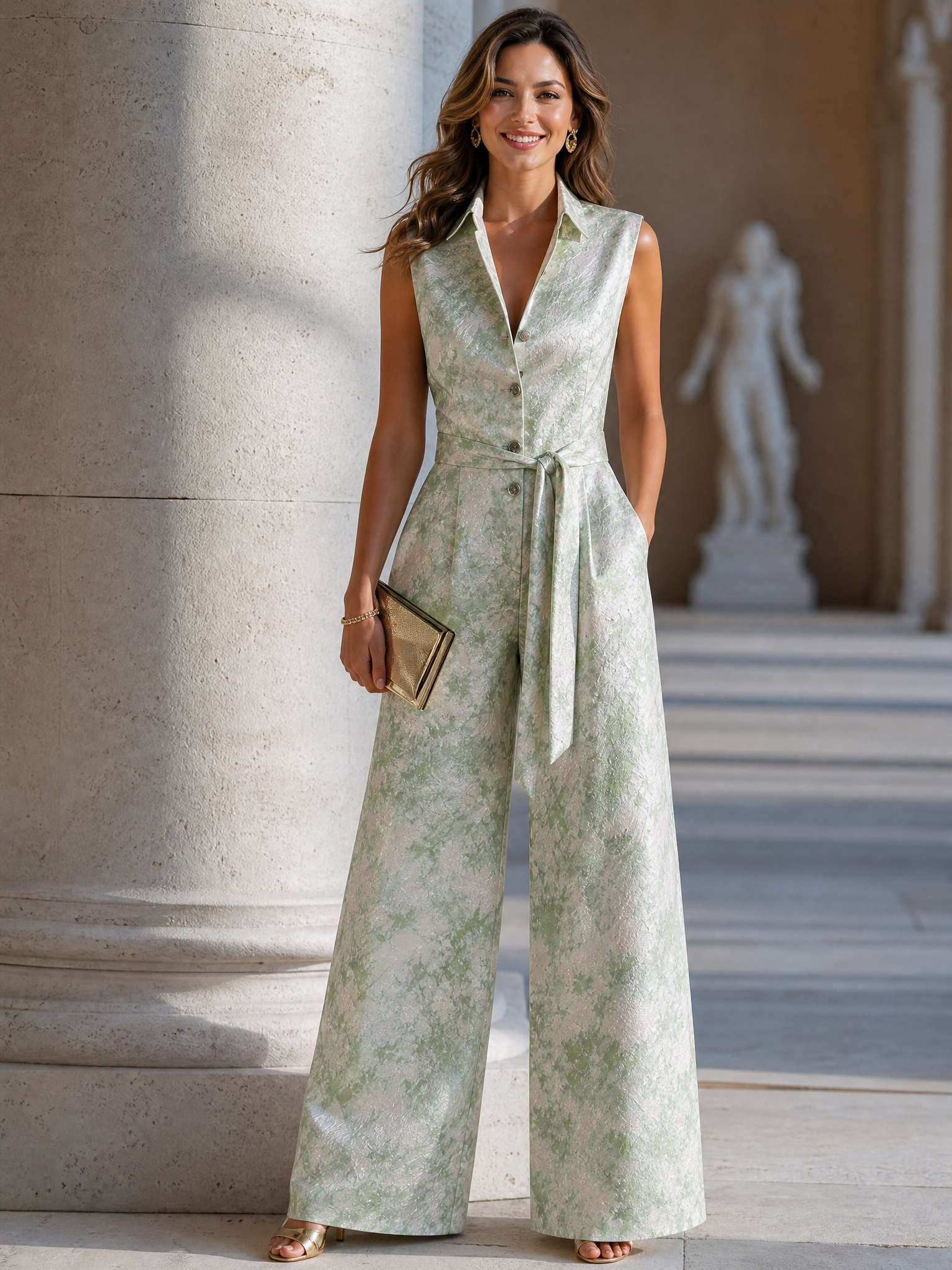 Sage Green V-Neck Sleeveless Metallic Jacquard Wide-Leg Jumpsuit Evening Gown Dress
