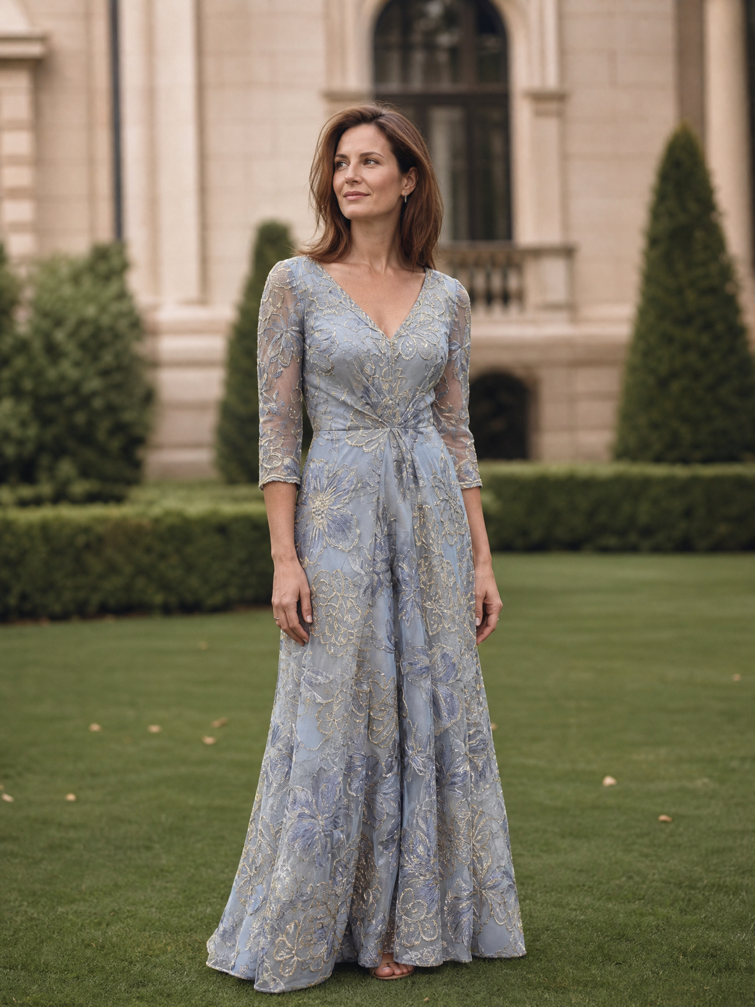 Elegant Dusty Blue Embroidered V-Neck A-Line Mother of the Bride & Groom Dresses 