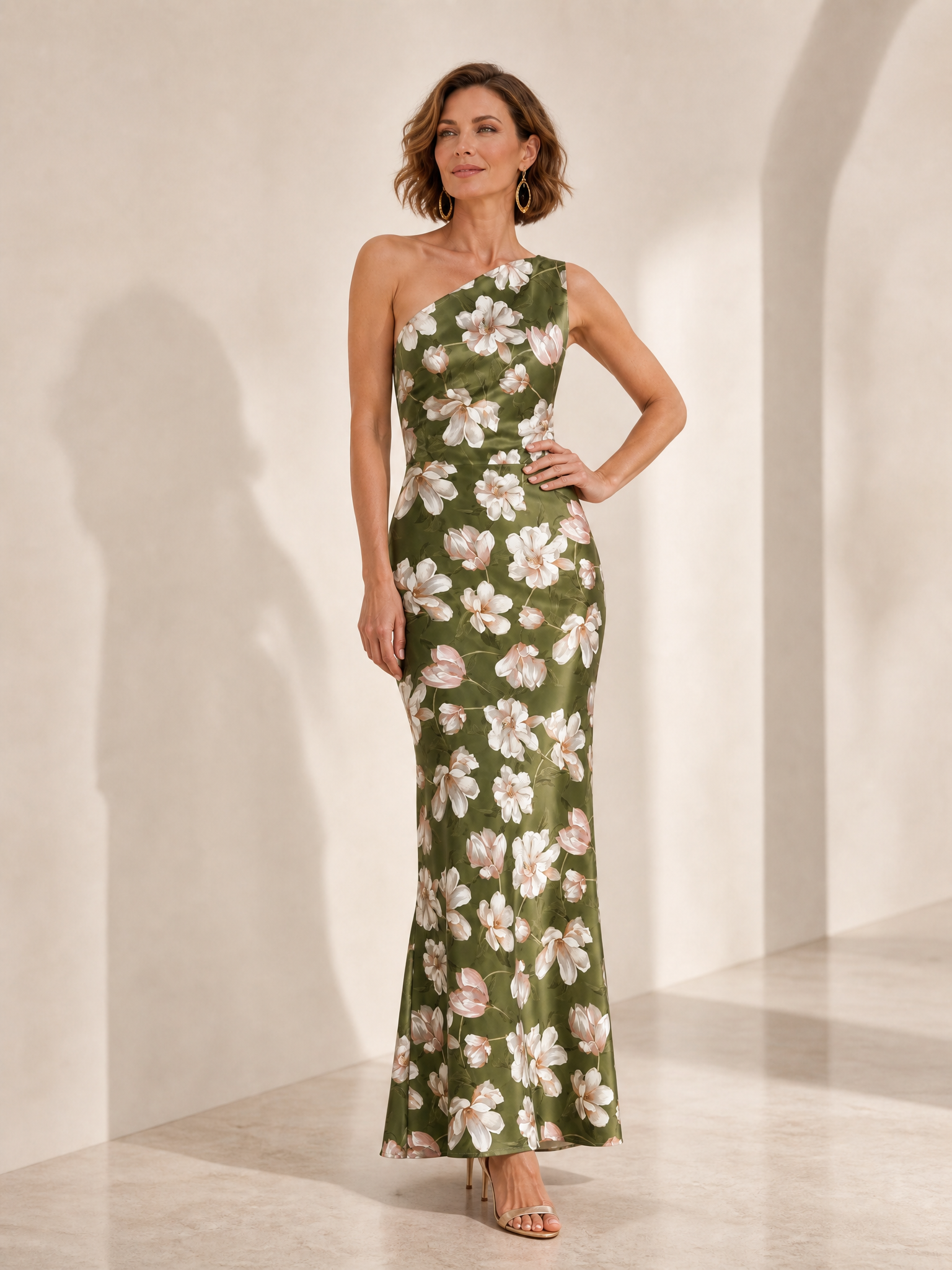 Ethereal Sage One-Shoulder Sleeveless Floral Satin Sheath Maxi Gown Dress 
