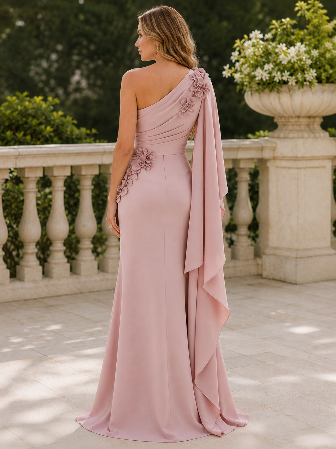 Dusty Rose One-Shoulder Floral Accent Column Mother of the Bride & Groom Dresses