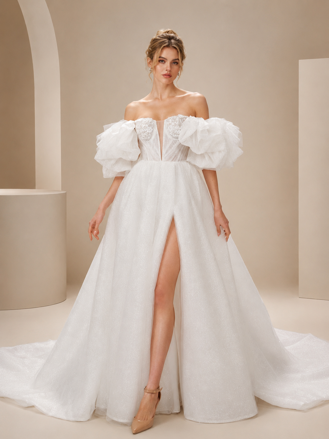 White Off-the-Shoulder Glitter High Slit A-Line Maxi Wedding Dress 