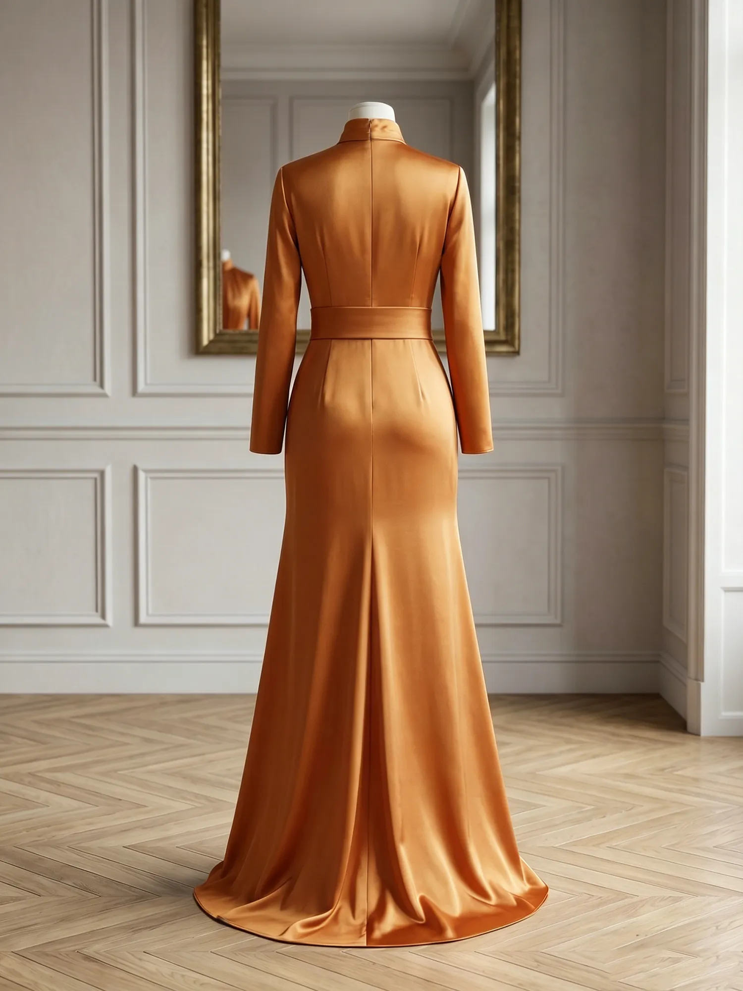 High Neck Long Sleeve Satin Mermaid Evening Gown with Waist Sash