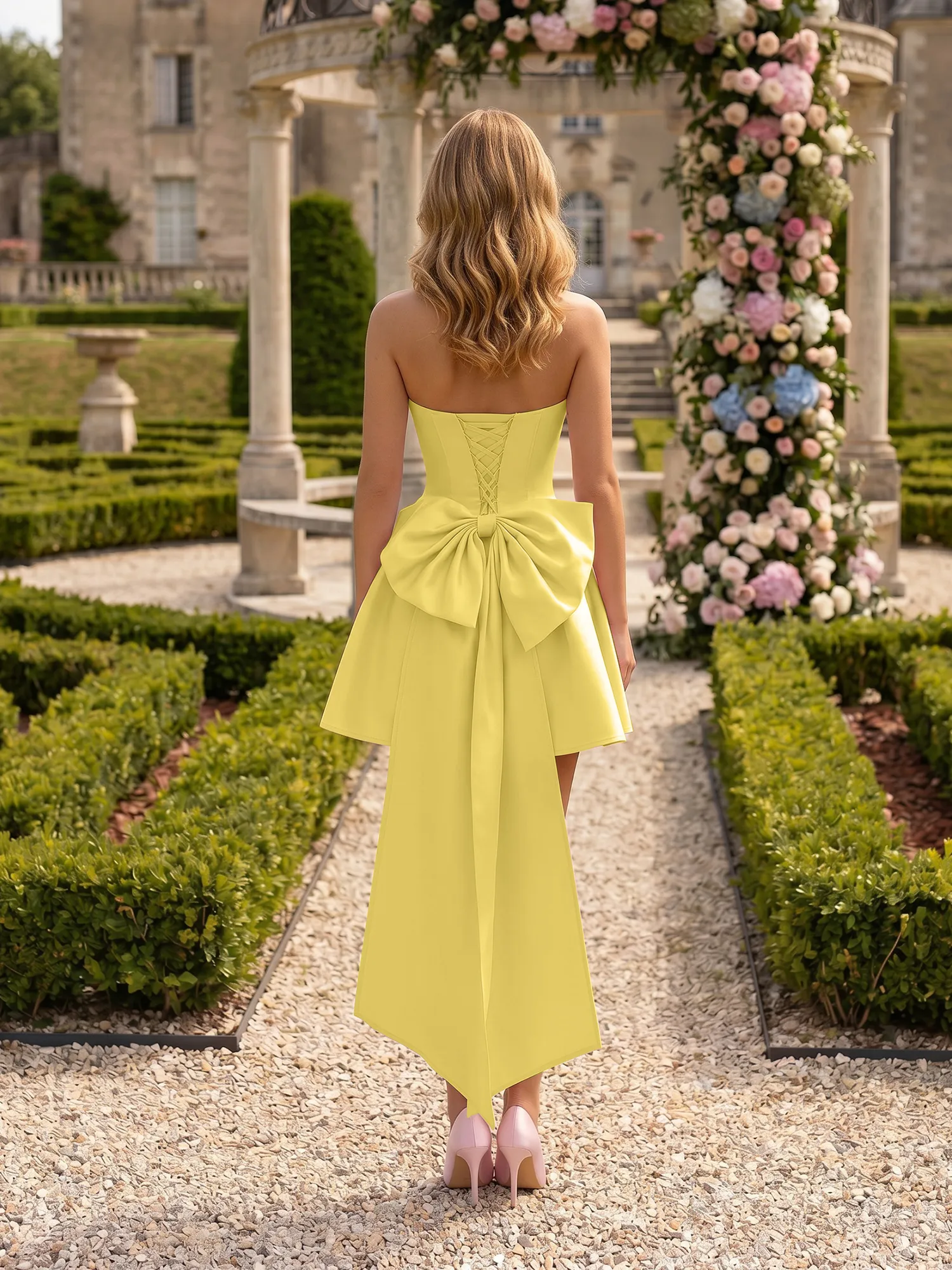 Strapless Draped Satin High-Low Homecoming Dress with Oversized Bow Back