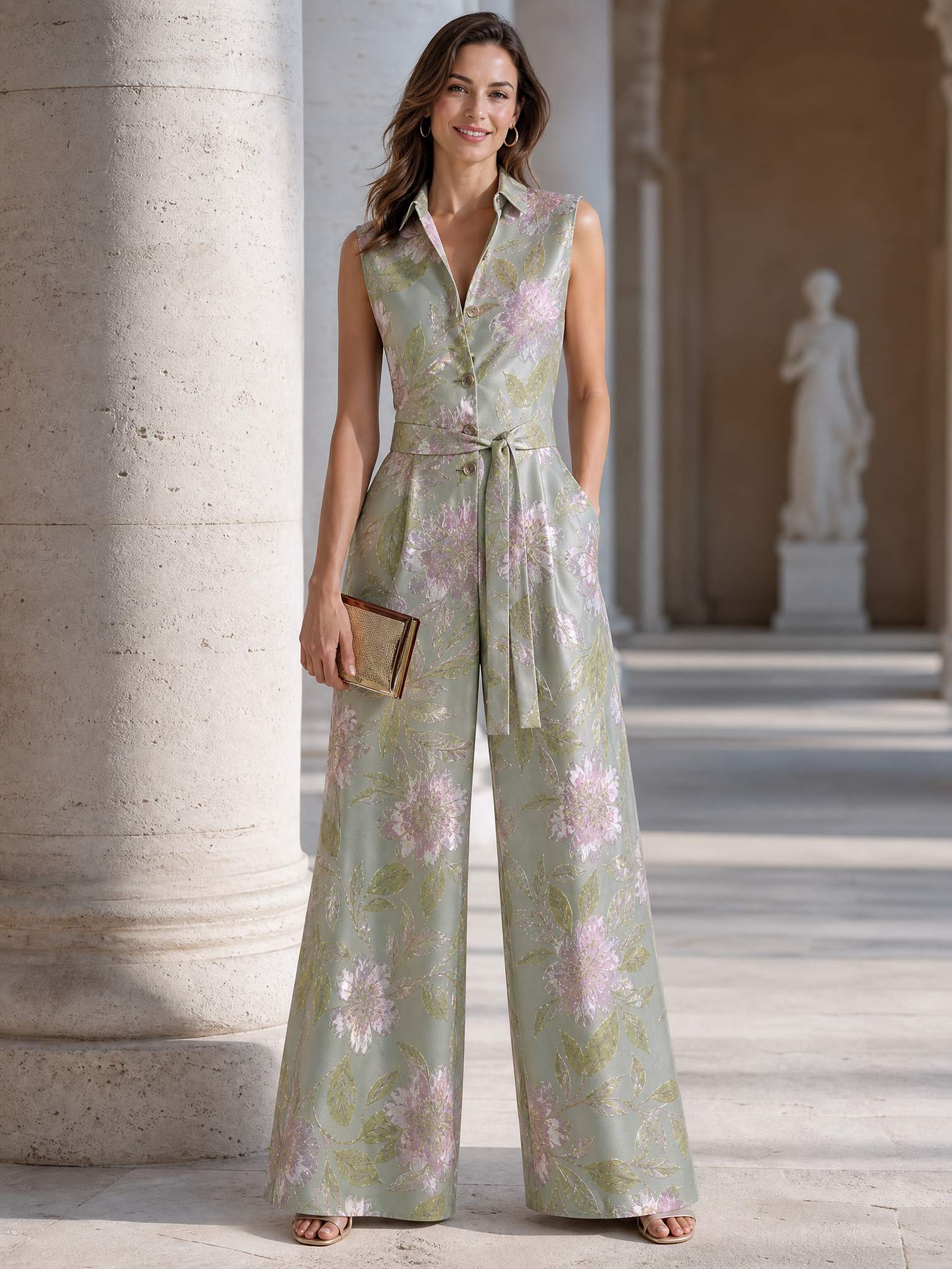 Sage Green Floral Jacquard V-Neck Sleeveless Wide-Leg Jumpsuit Evening Gown Dress