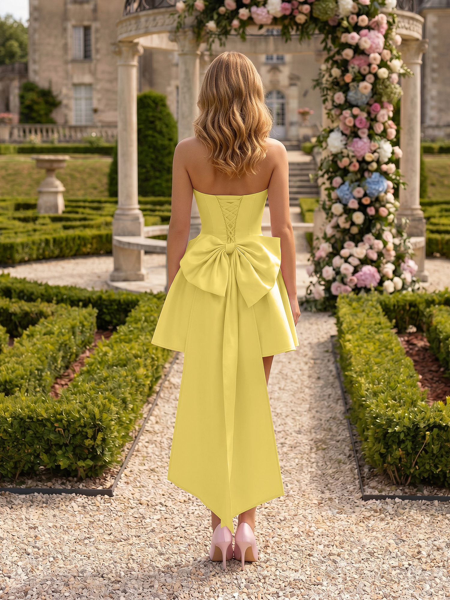 Blush Pink Strapless High-Low Satin Homecoming Mini Dress