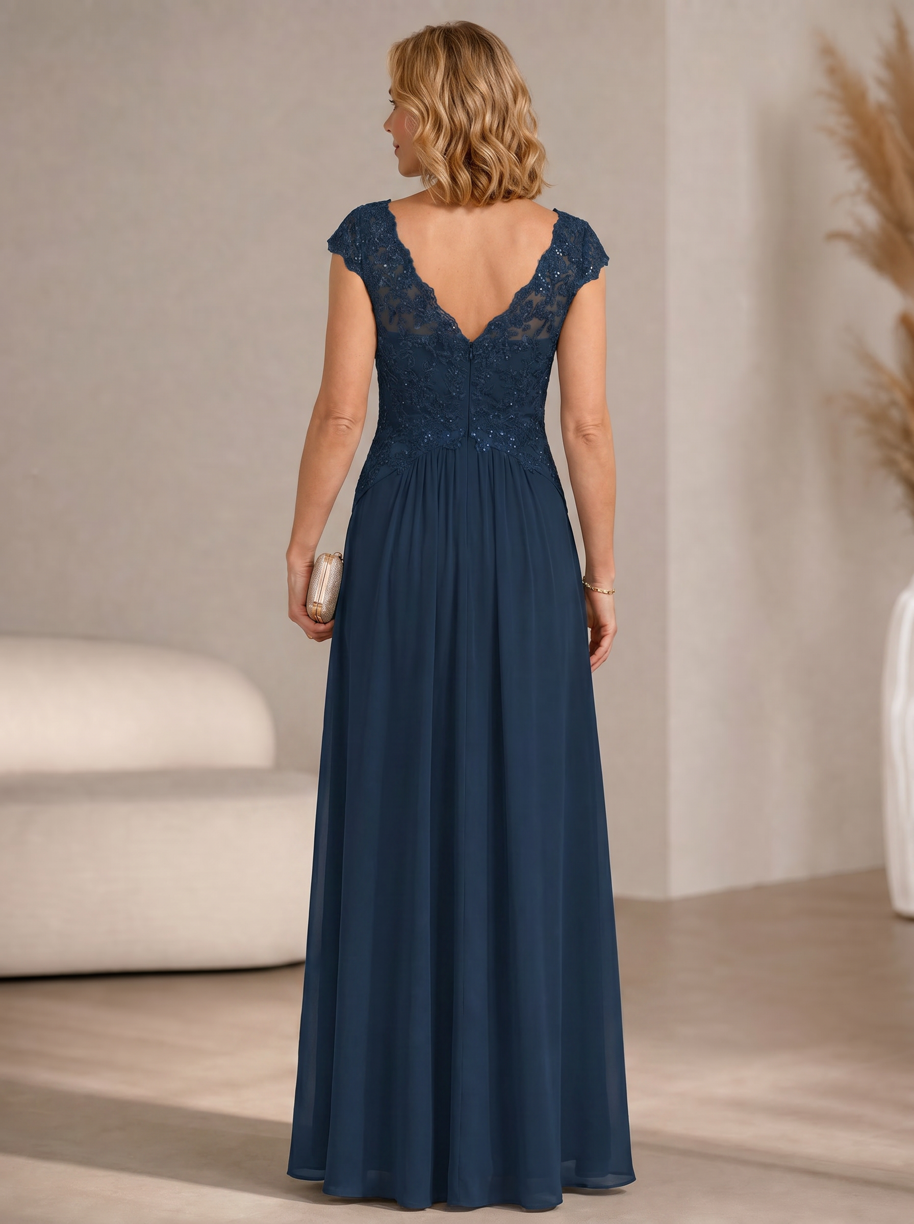 Elegant Navy Blue Lace-Bodice Chiffon V-Neck A-Line Mother of the Bride & Groom Dresses 