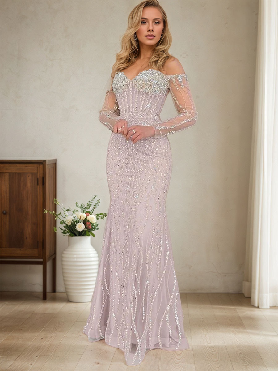 Champagne Crystal Embellished Off-the-Shoulder Mermaid Evening Gown