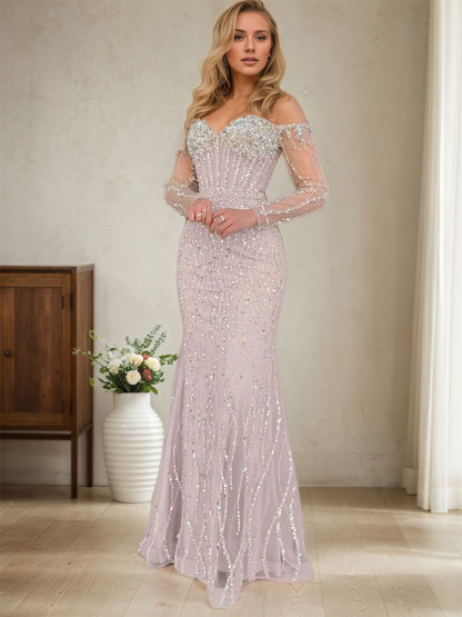 Champagne Crystal Embellished Off-the-Shoulder Mermaid Evening Gown