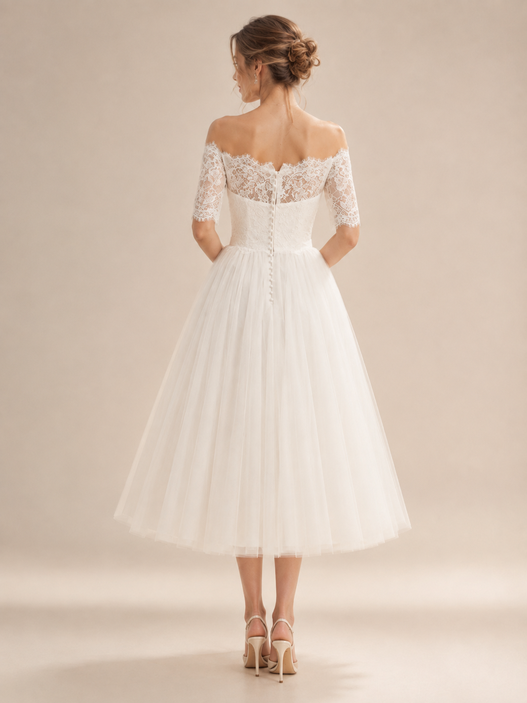 White Off-the-Shoulder Lace Sweetheart A-Line Midi Wedding Dress 