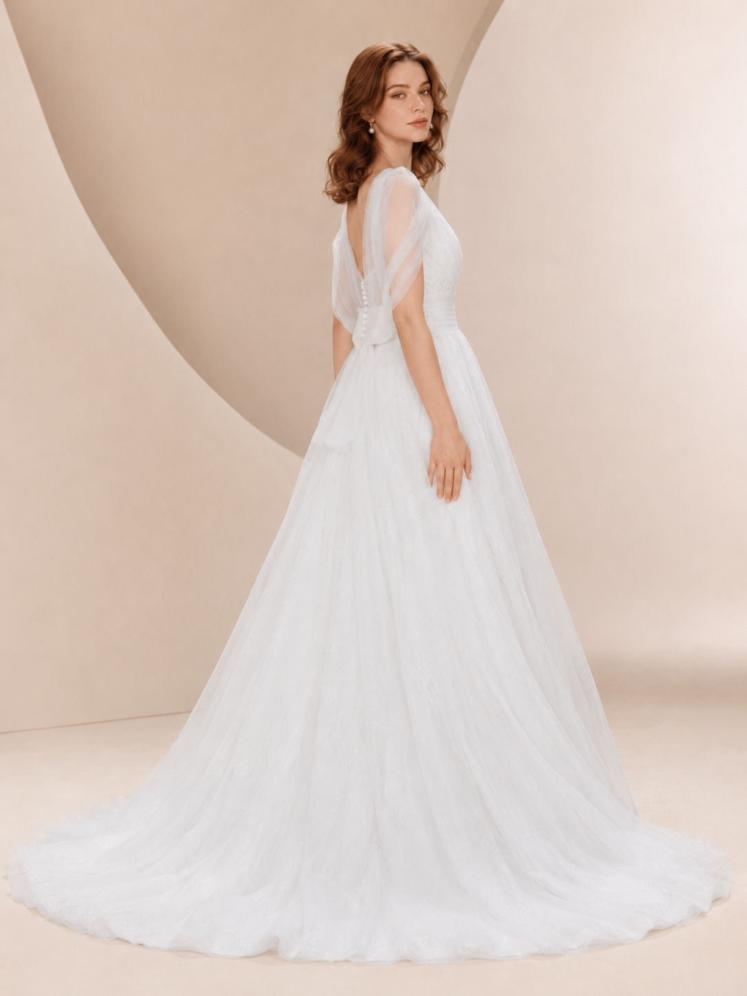 White V-Neck Celestial Glitter Tulle A-Line Wedding Dress 