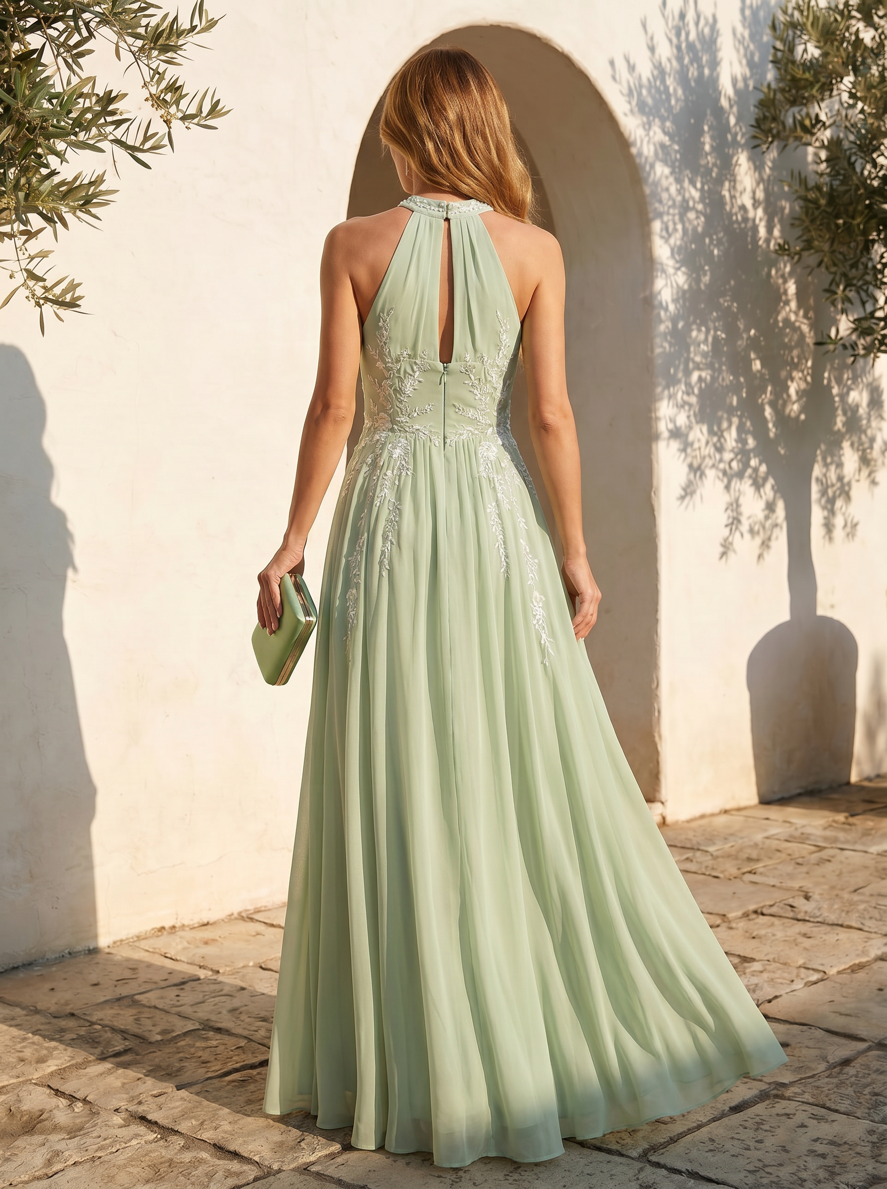 Ethereal Sage Green Chiffon Halter A-line Maxi Formal Evening Dress 