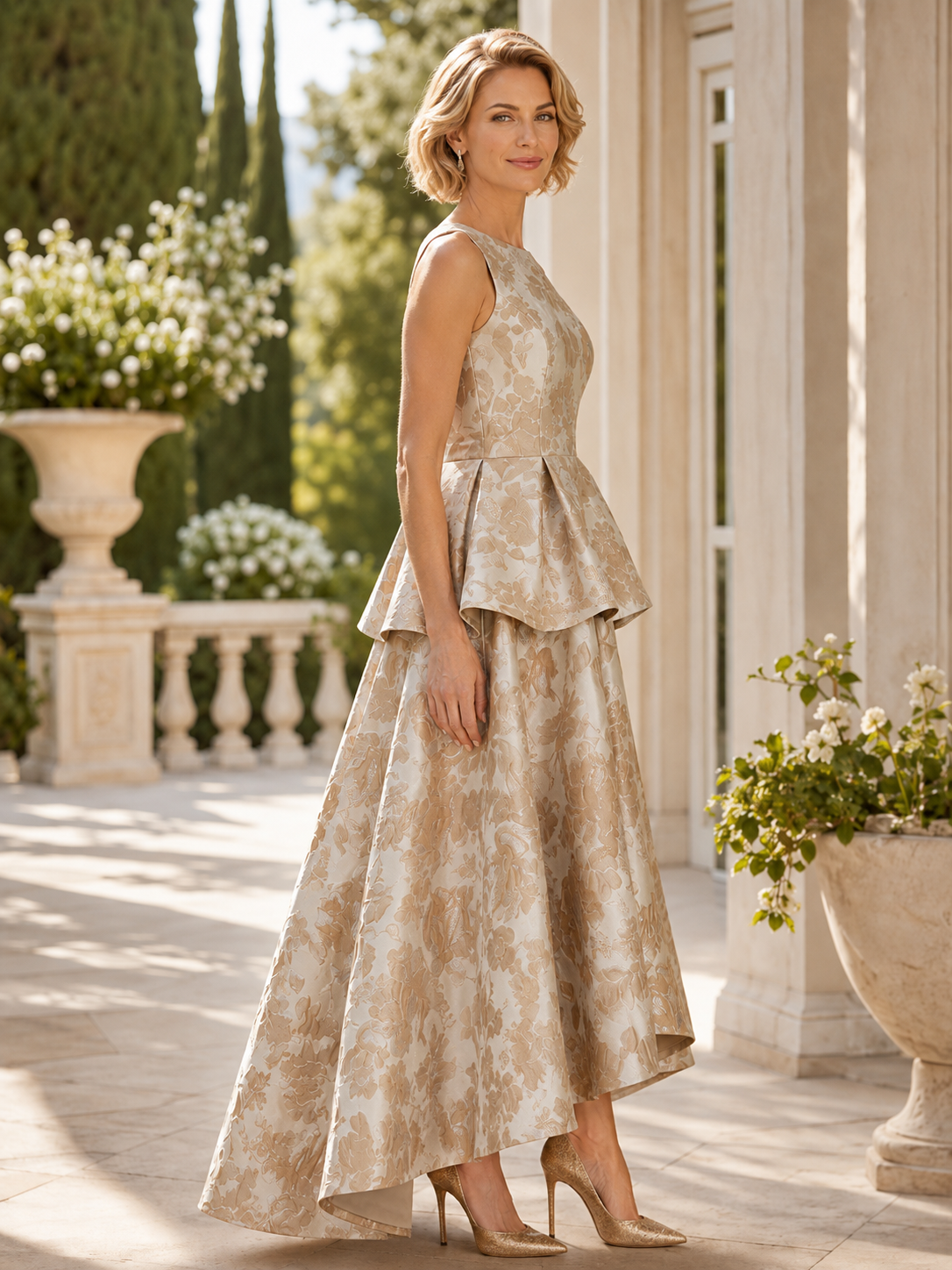 Champagne Floral Jacquard High-Low Peplum A-Line Maxi Mother of the Bride & Groom Dresses 