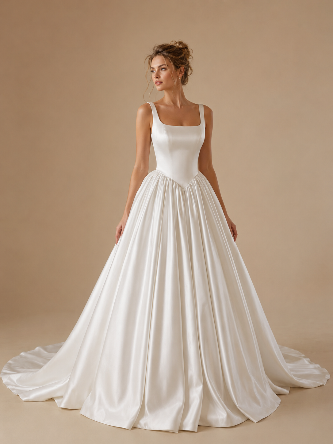 White Square Neckline Sleeveless Satin A-Line Wedding Dress with Oversized Back Bow 
