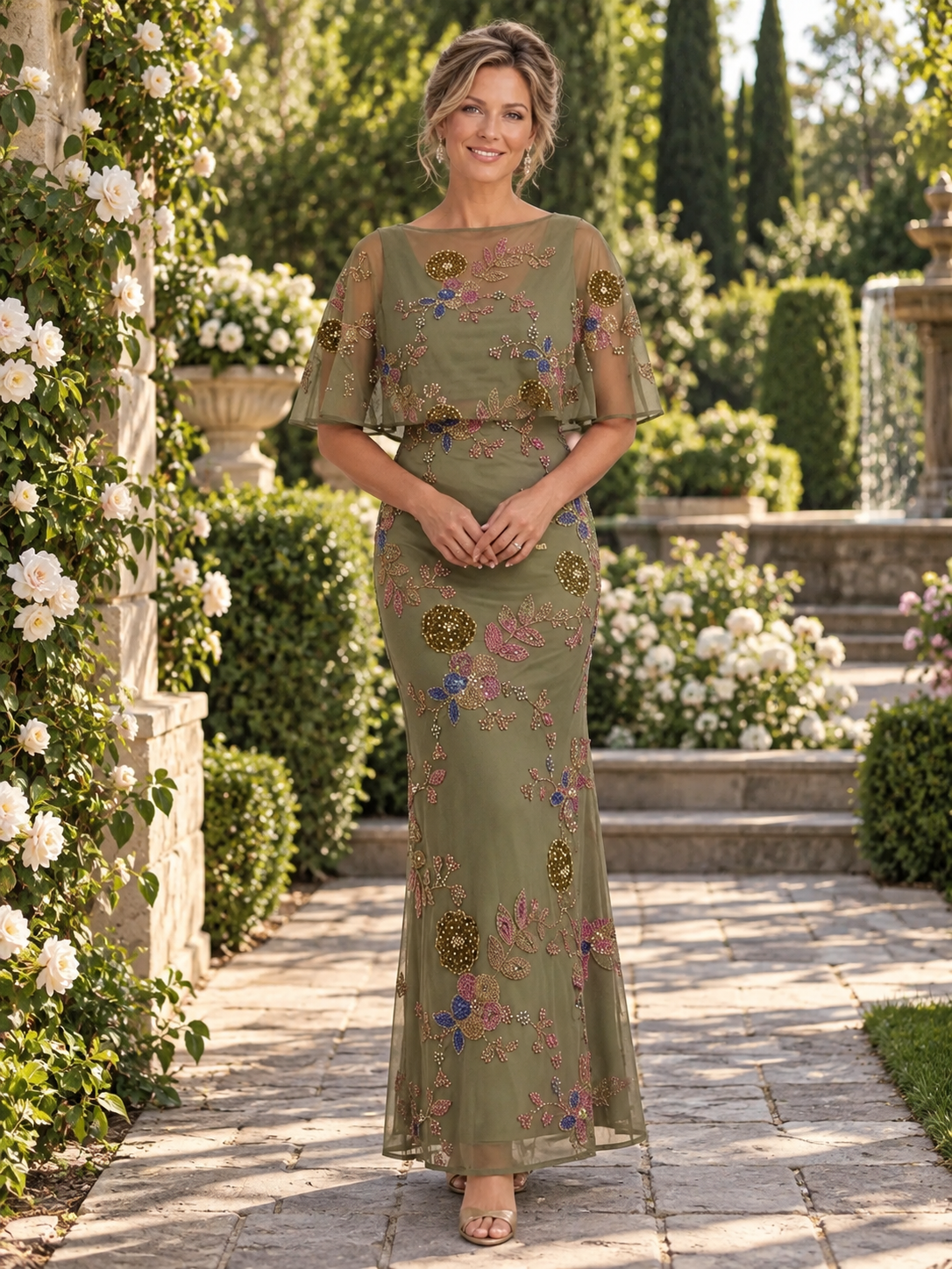 Olive Green Beaded Capelet Column Mother of the Bride & Groom Dresses 