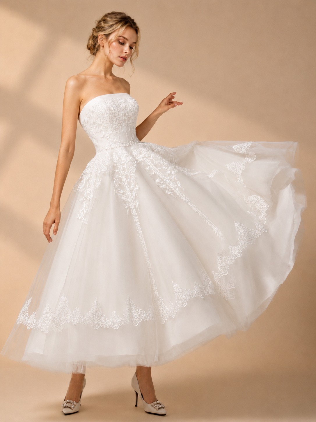 White Strapless Lace-Trimmed A-Line Midi Wedding Dress 