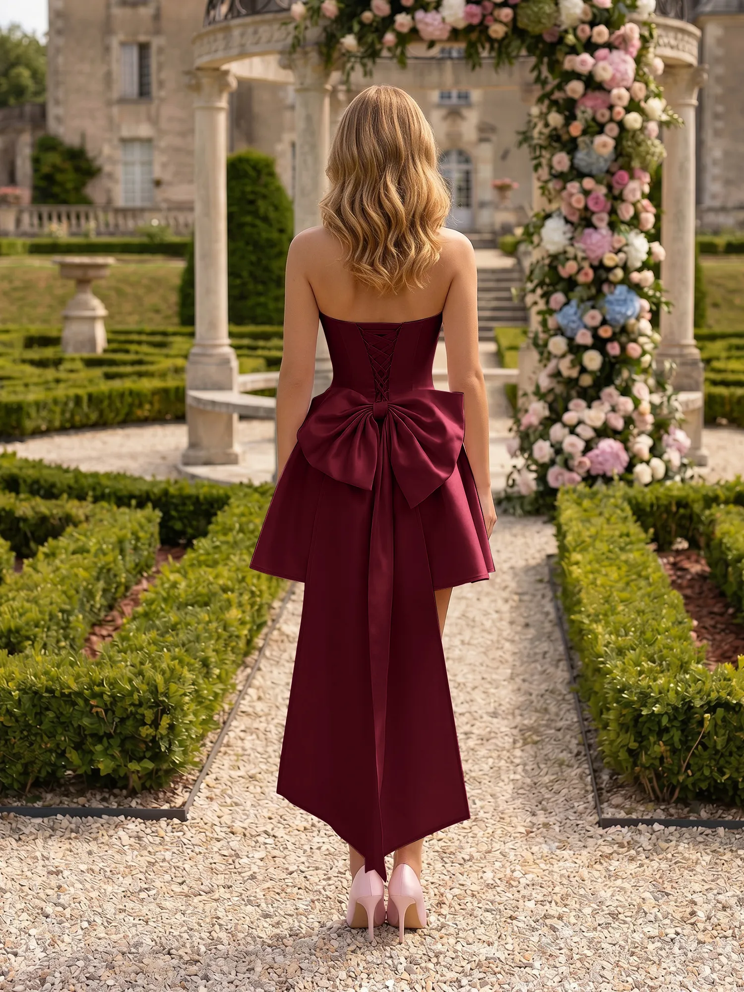 Strapless Draped Satin High-Low Homecoming Dress with Oversized Bow Back