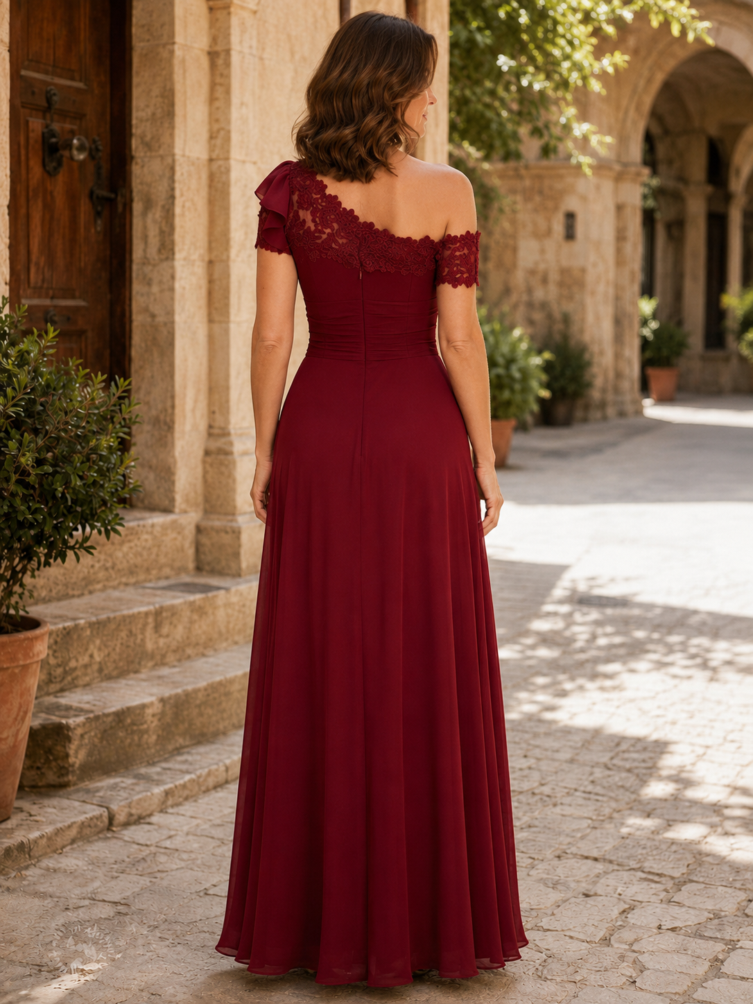 Burgundy One-Shoulder Chiffon Lace A-Line Maxi Mother of the Bride & Groom Dresses
