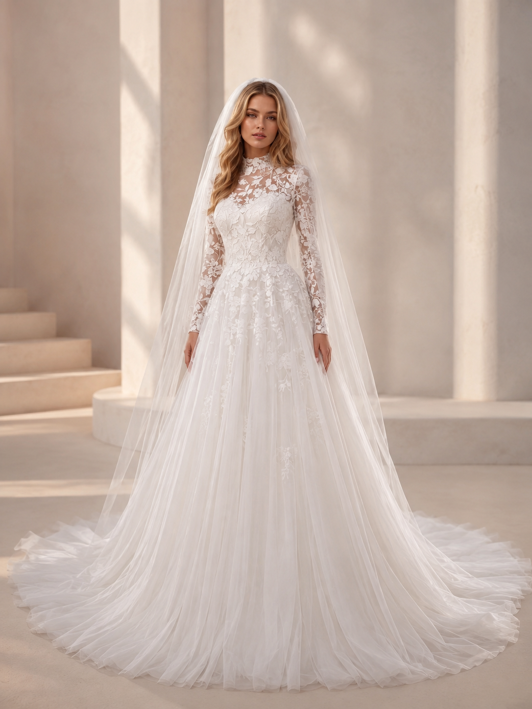 White High-Neck Long-Sleeve Lace Appliqué A-Line Maxi Wedding Dress 