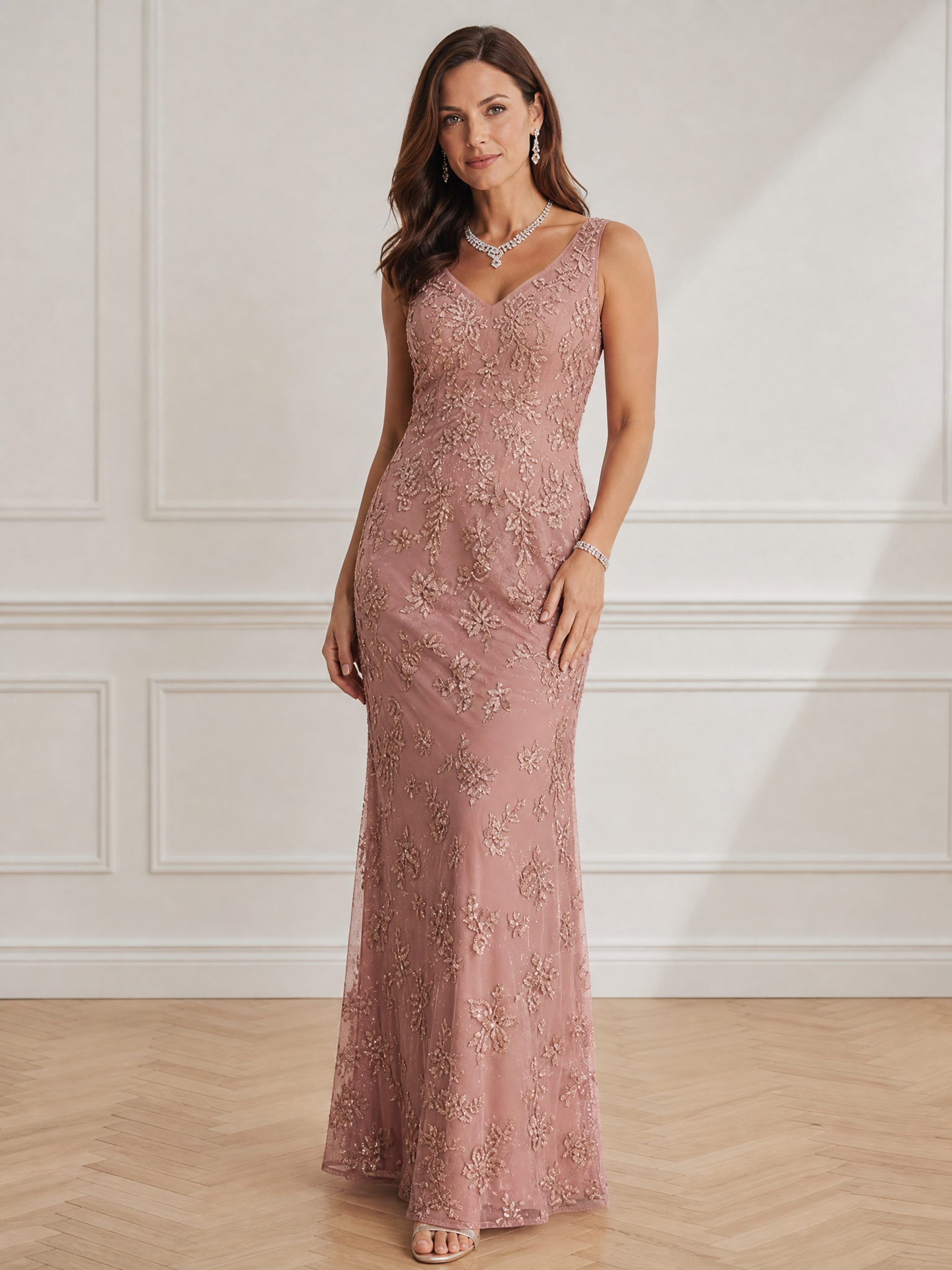 Elegant Dusty Rose Embroidered V-Neck Column Formal Evening Dress 